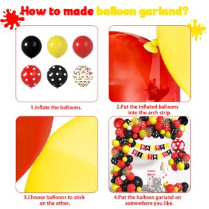 Cartoon Mouse Balloon Garland for Mouse Birthday Decorations - Mouse Balloons Arch with Confetti Polka Dots Balloons Red Black Yellow Balloon Arch Kit & Banners for Mouse Baby Shower Party Supplies