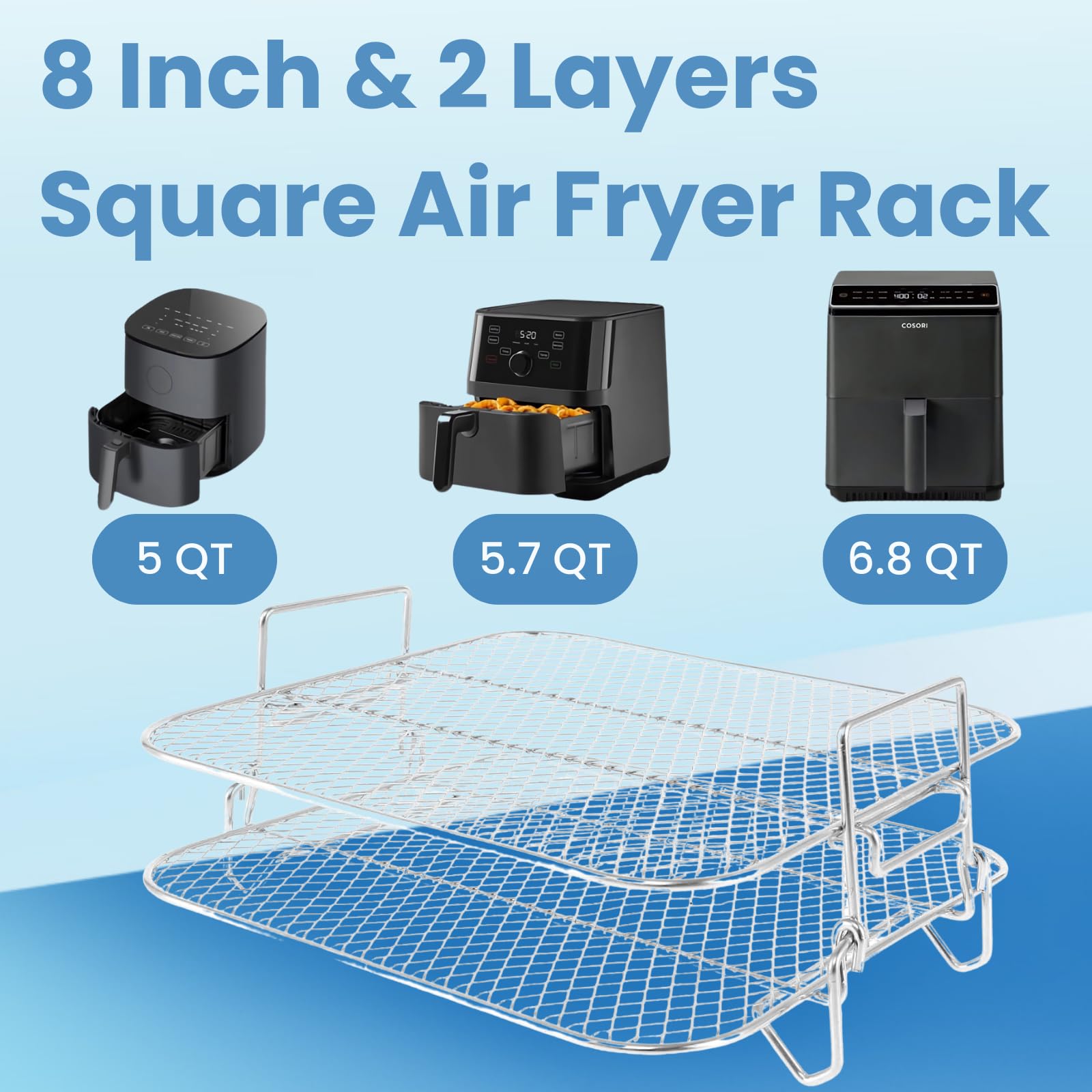 8 inch Square Air Fryer Rack, Lancisism 2 Layers Stainless Steel Dehydrator Rack Grill Square Air Fryer Accessories-8.27×8.27×3.6inch