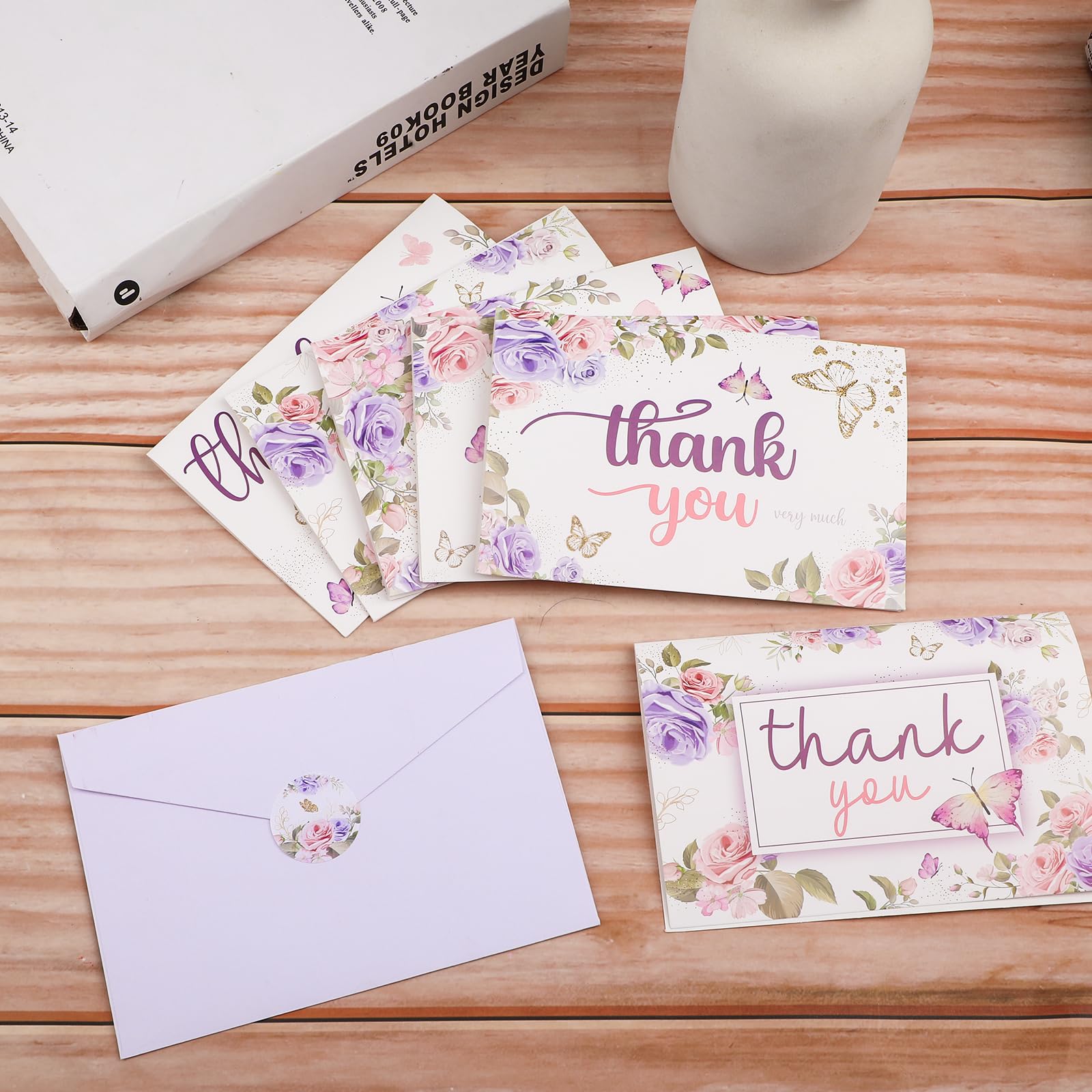 60 Pieces Butterfly Floral Baby Shower Thank You Cards,Purple Thank You Cards Includes 30 Pieces Envelopes and 30 Pieces Blank Butterfly Cards with Stickers for Wedding Baby Shower Graduation Bridal