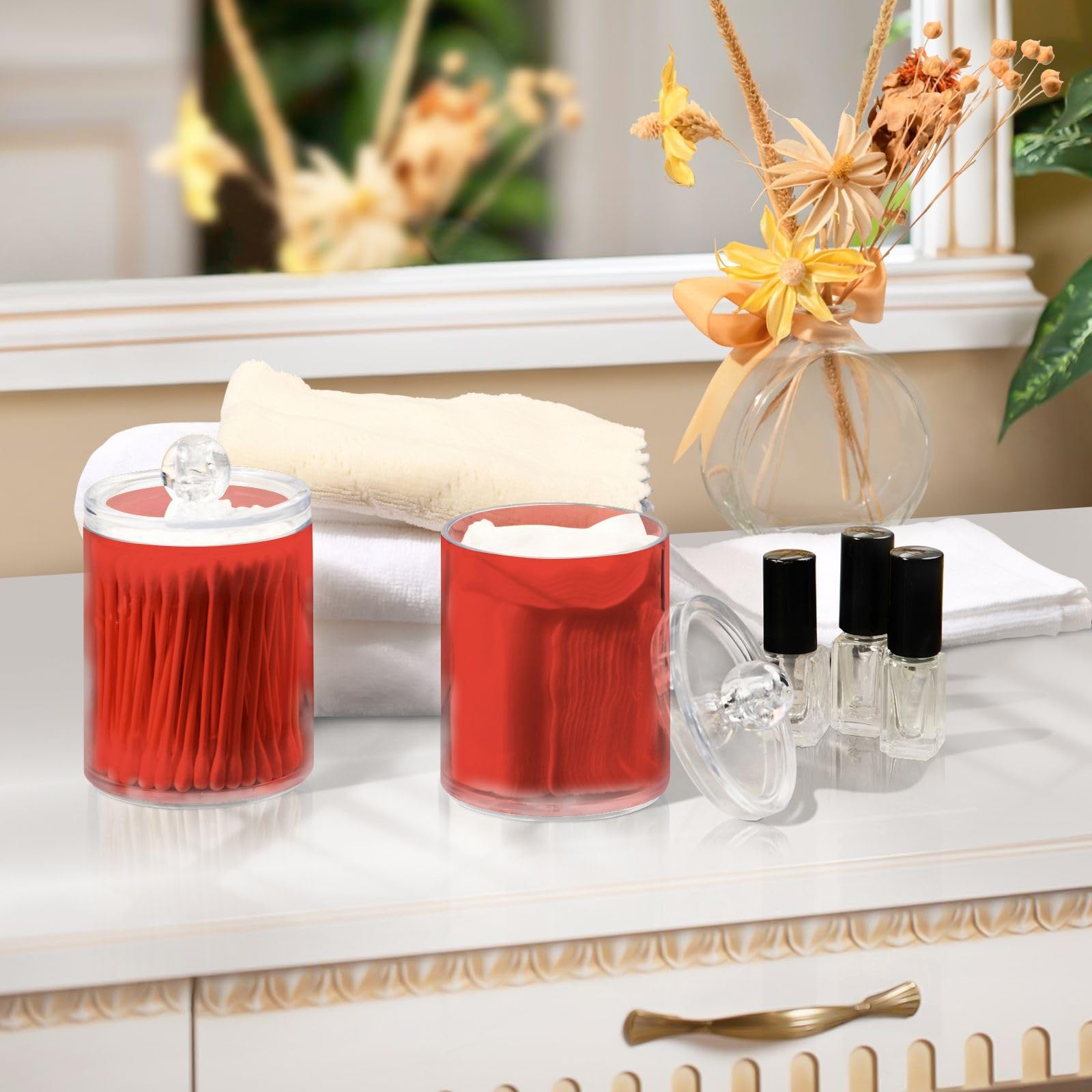 FLildon Red Solid Color Qtip Holder Dispenser, Bathroom Organizer and Storage Containers, 2 Pack Clear Plastic Apothecary Jars with Lids for Cotton Ball, Cotton Swab, Floss