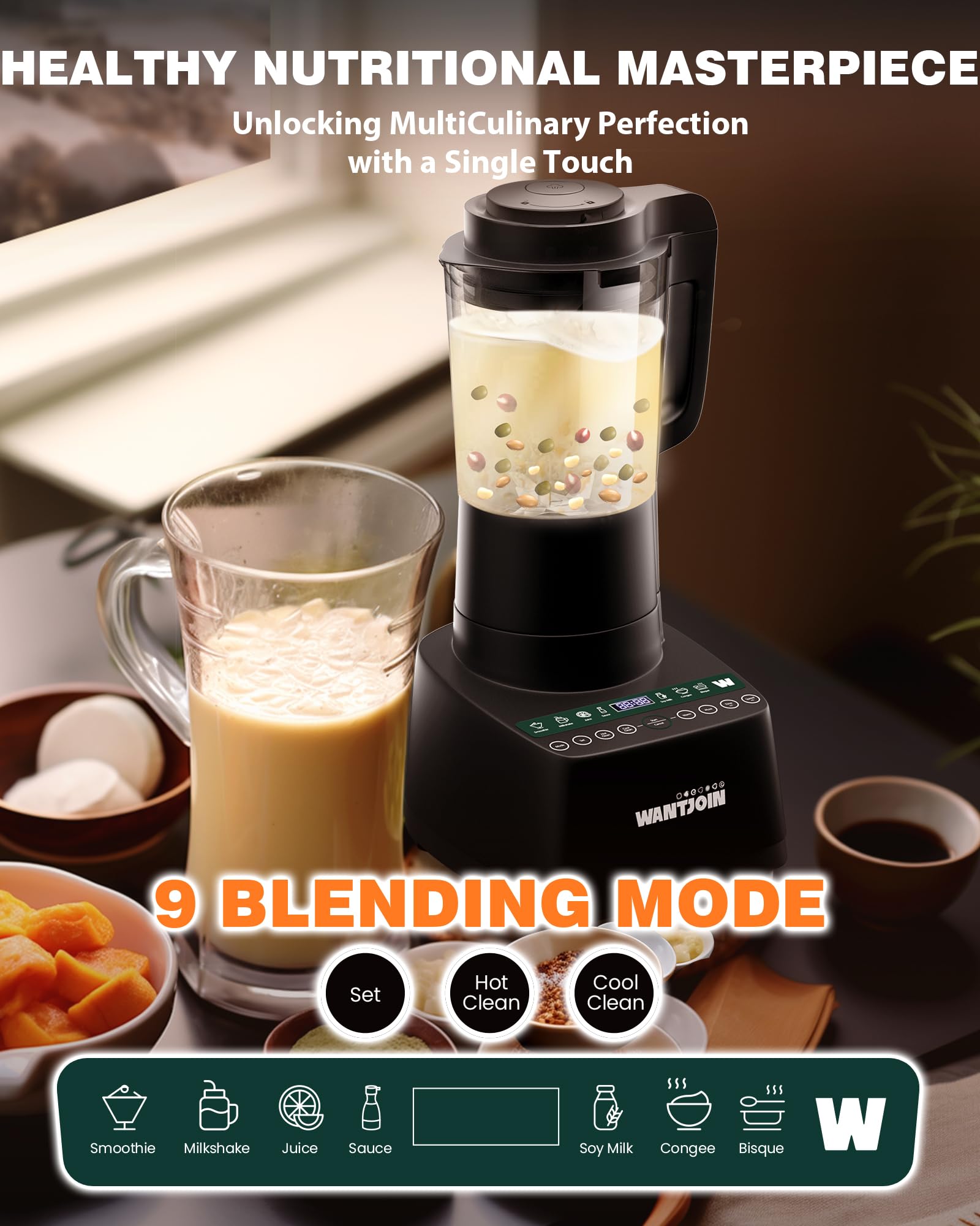 WantJoin 60 Oz Hot & Cold Countertop Cooking Blender, 24000RPM High-Speed Blender with 9 One Touch Programs, Soybean Milk Machine for Nut Butters,Soups,Shakes and Smoothies with 12H Delay Cook