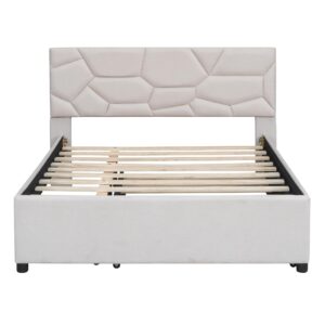 PacknWood Acosure Full Size Linen Fabric Upholstered Platform Bed with Twin XL Trundle w/Brick Pattern Headboard,Strong Wood Slat Support,for Boys Girls Kids Teens Adult,Beige