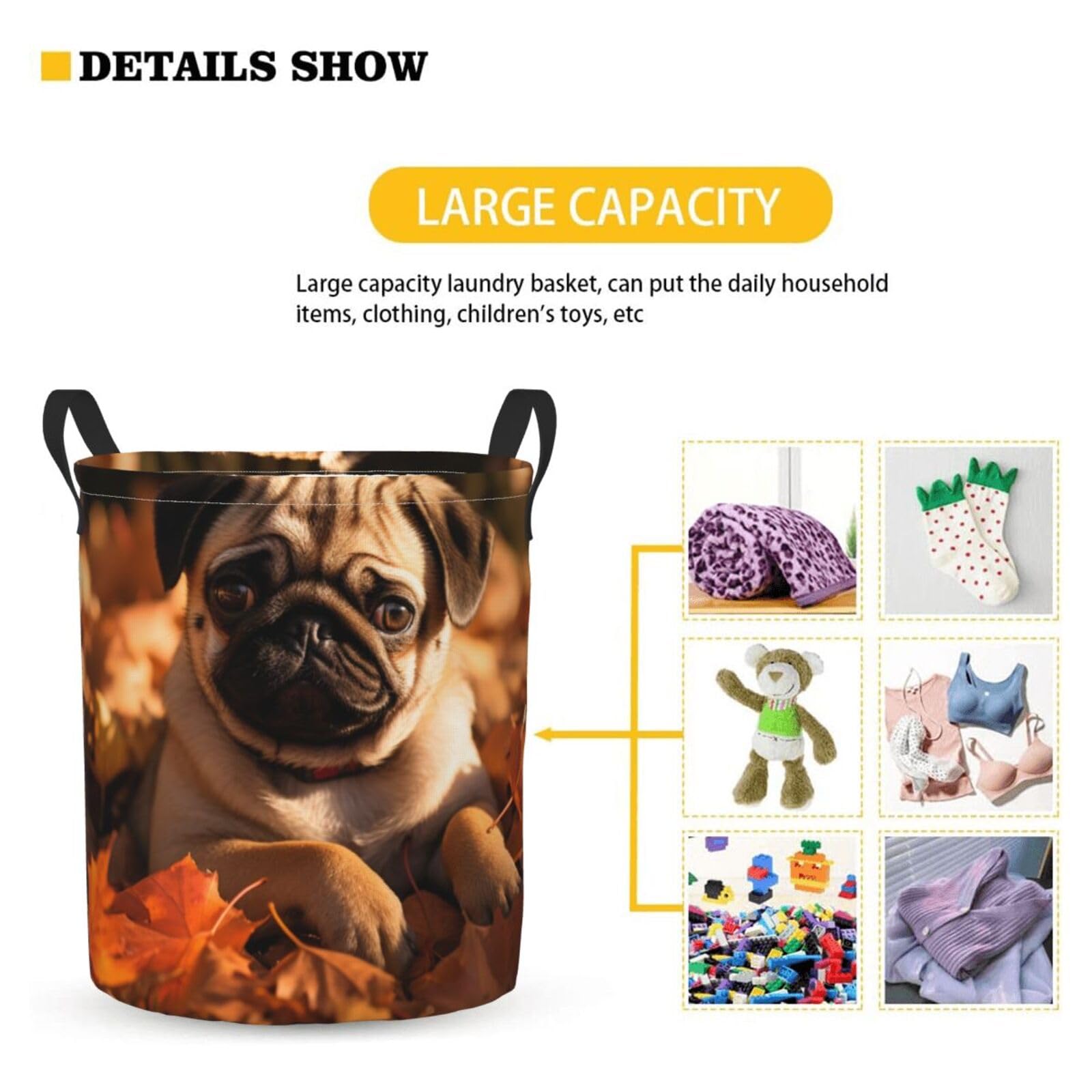 FeHuew Pug on Autumn Leaves Collapsible Laundry Basket with Handle Waterproof Hamper Storage Organizer Large Bins for Dirty Clothes, toys