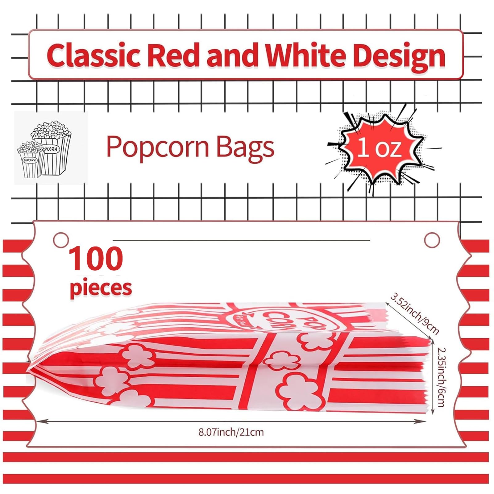 VOISEN Paper Popcorn Bags,100 Pack 1oz Popcorn Bags Individual Servings, Popcorn Bags Bulk for Popcorn Machine, Party, Movie Nights, Carnival Party