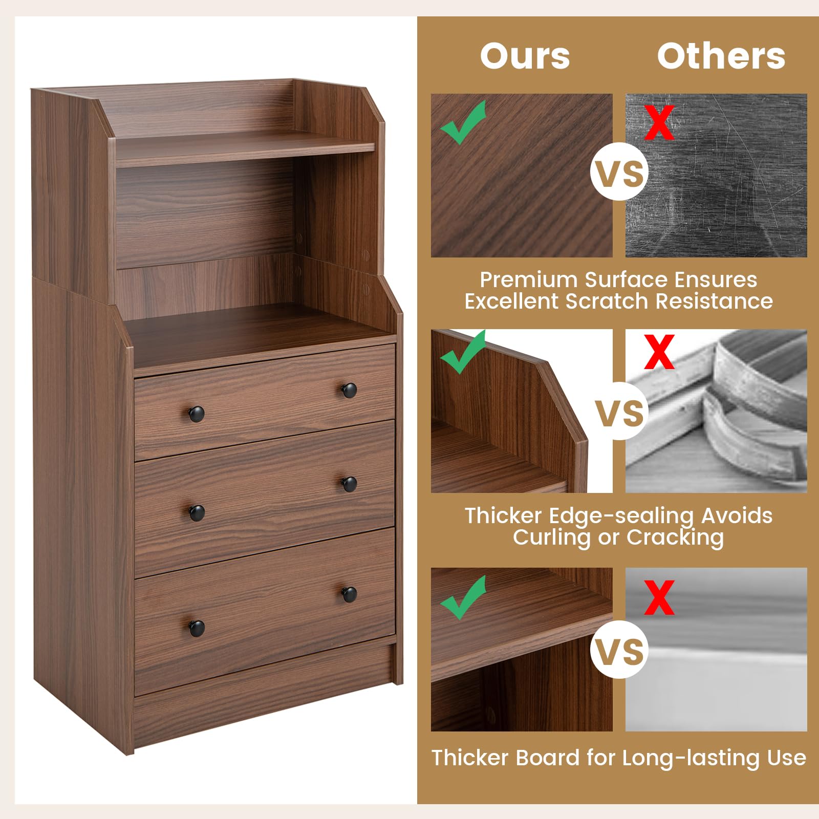 Giantex 3 Drawers Dresser for Bedroom - Modern Storage Dresser Chest of Drawers with 2 Shelves, 3 Pull-Out Drawers, Tall Nightstand with Anti-toppling Device for Bedroom Living Room Entryway (Walnut)