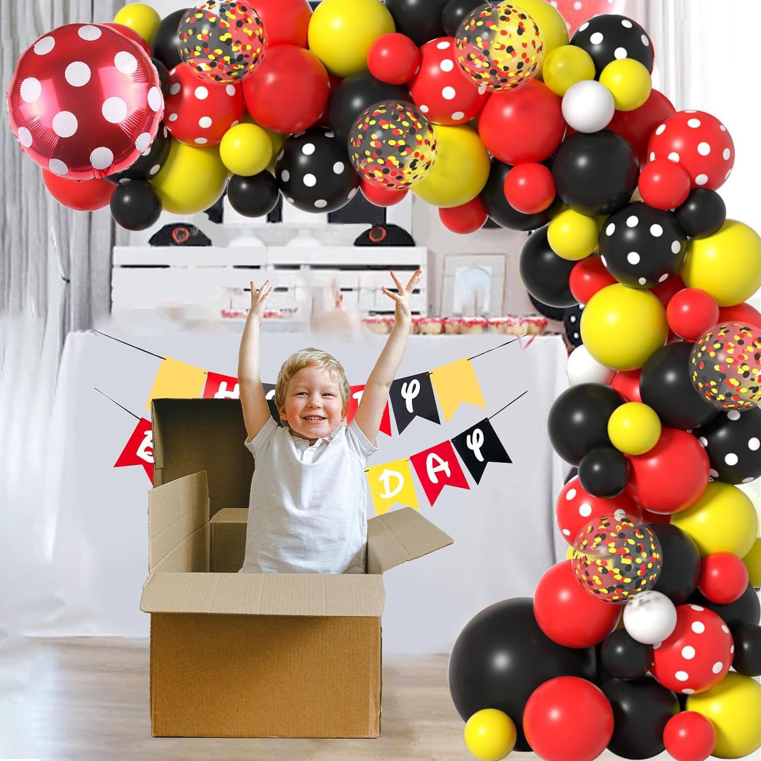 Cartoon Mouse Balloon Garland for Mouse Birthday Decorations - Mouse Balloons Arch with Confetti Polka Dots Balloons Red Black Yellow Balloon Arch Kit & Banners for Mouse Baby Shower Party Supplies