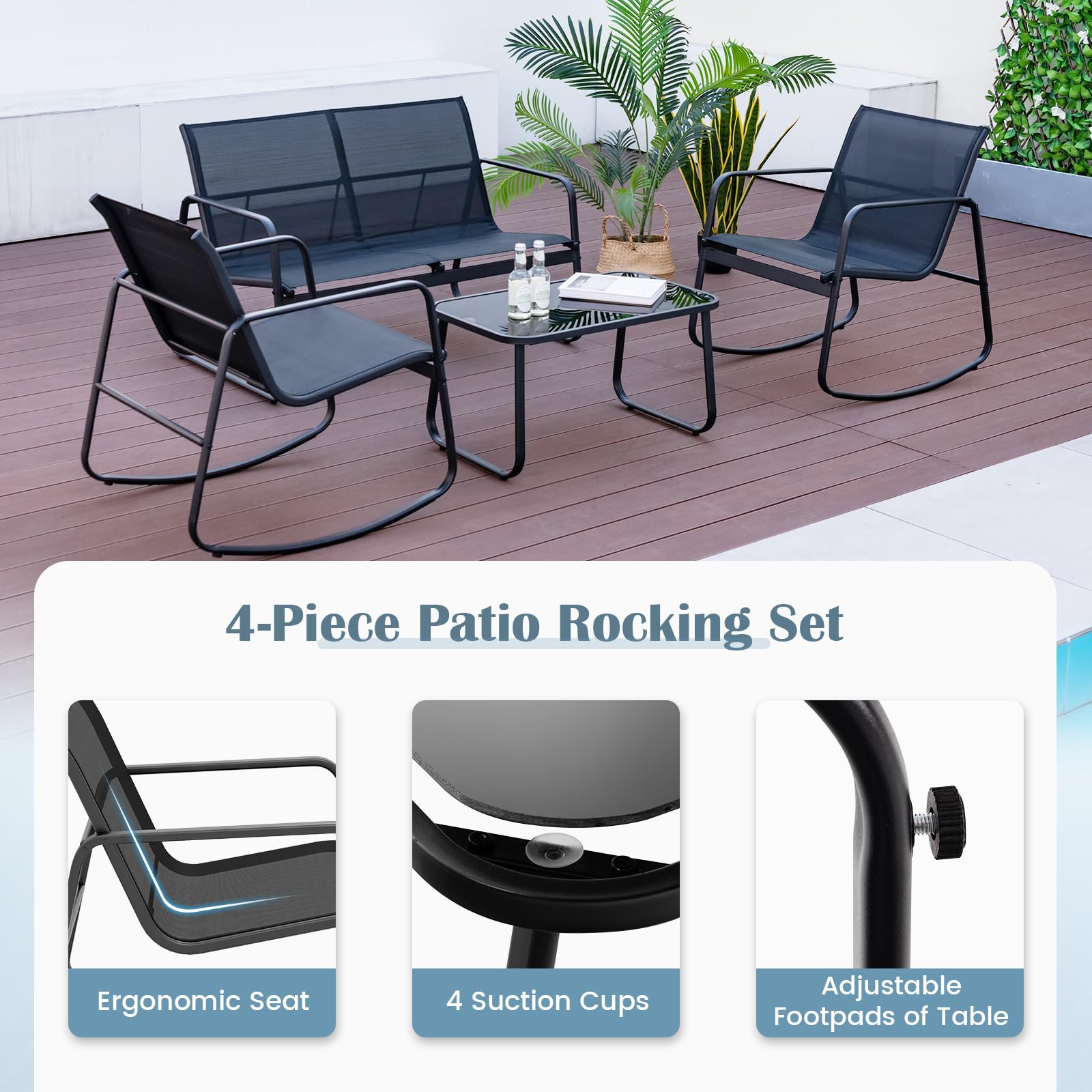 Tangkula 4 Piece Patio Rocking Set, 2 Rocking Chairs & Loveseat with Glass-Top Table, Patio Furniture Set with Smooth Rocking Motion, Outdoor Rocker Chair Conversation Set for Porch, Yard (1, Black)