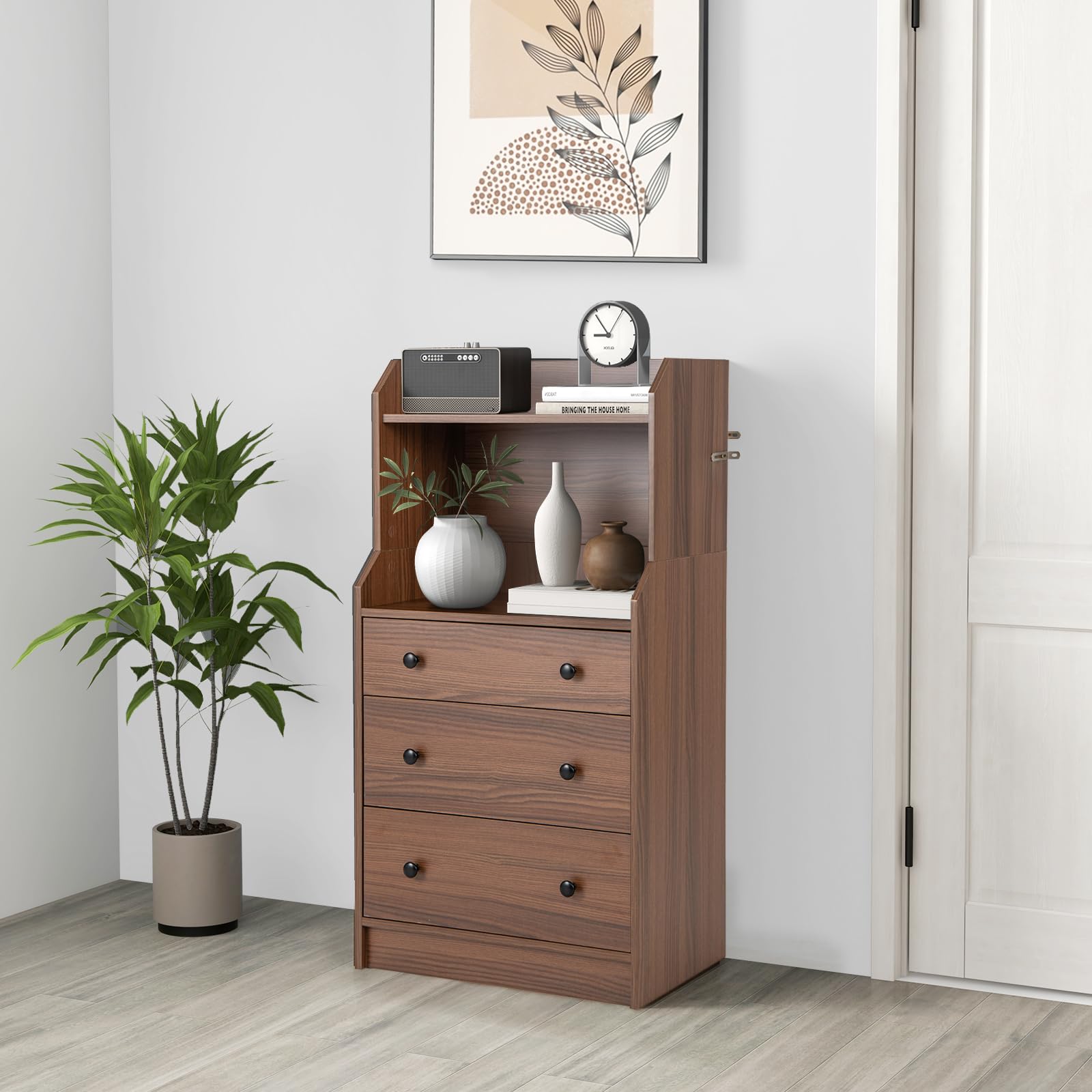 Giantex 3 Drawers Dresser for Bedroom - Modern Storage Dresser Chest of Drawers with 2 Shelves, 3 Pull-Out Drawers, Tall Nightstand with Anti-toppling Device for Bedroom Living Room Entryway (Walnut)