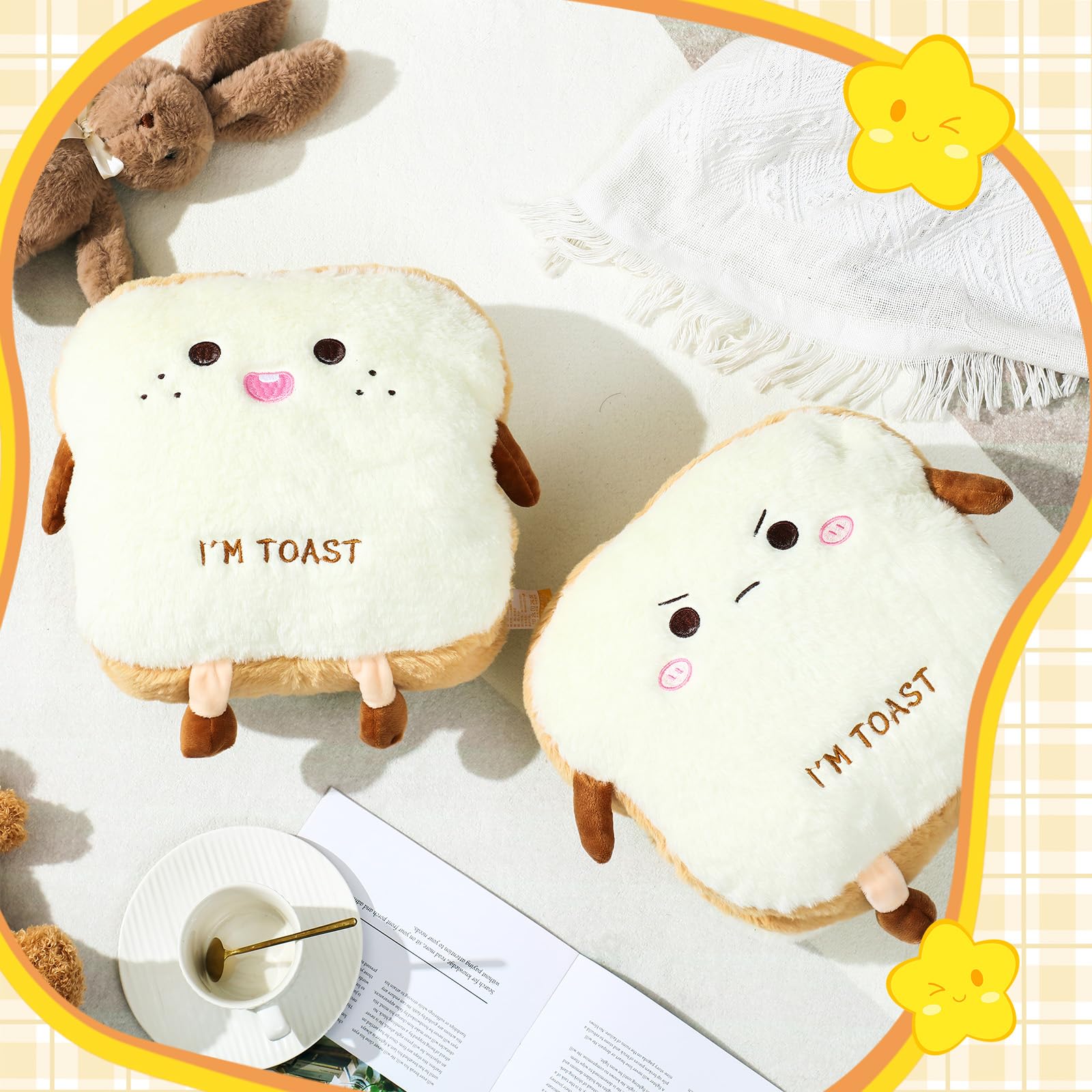 Lineshading 2 Pcs Toast Bread Pillow 15.8 x 13.8 x 6 Inch Bread Shape Plush Pillow Cute Food Decor Soft Food Sofa Cushion Toast Sliced Plush Stuffed Toy for Home Bed Room Decor, Happy and Angry Face