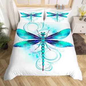 teal dragonfly duvet cover queen size,nature flying animals comforter cover with 2 pillowcase for teens adults,kids abstract flowers bedding set,bohemian breathable 3 pieces decorative bed cover