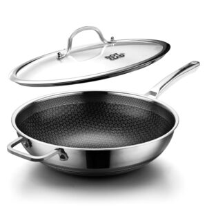 dotclad wok pan,hybrid 12 inch wok with lid, pfoa free cookware,non stick stainless steel woks & stir-fry pans nonstick, dishwasher and oven safe, works on induction