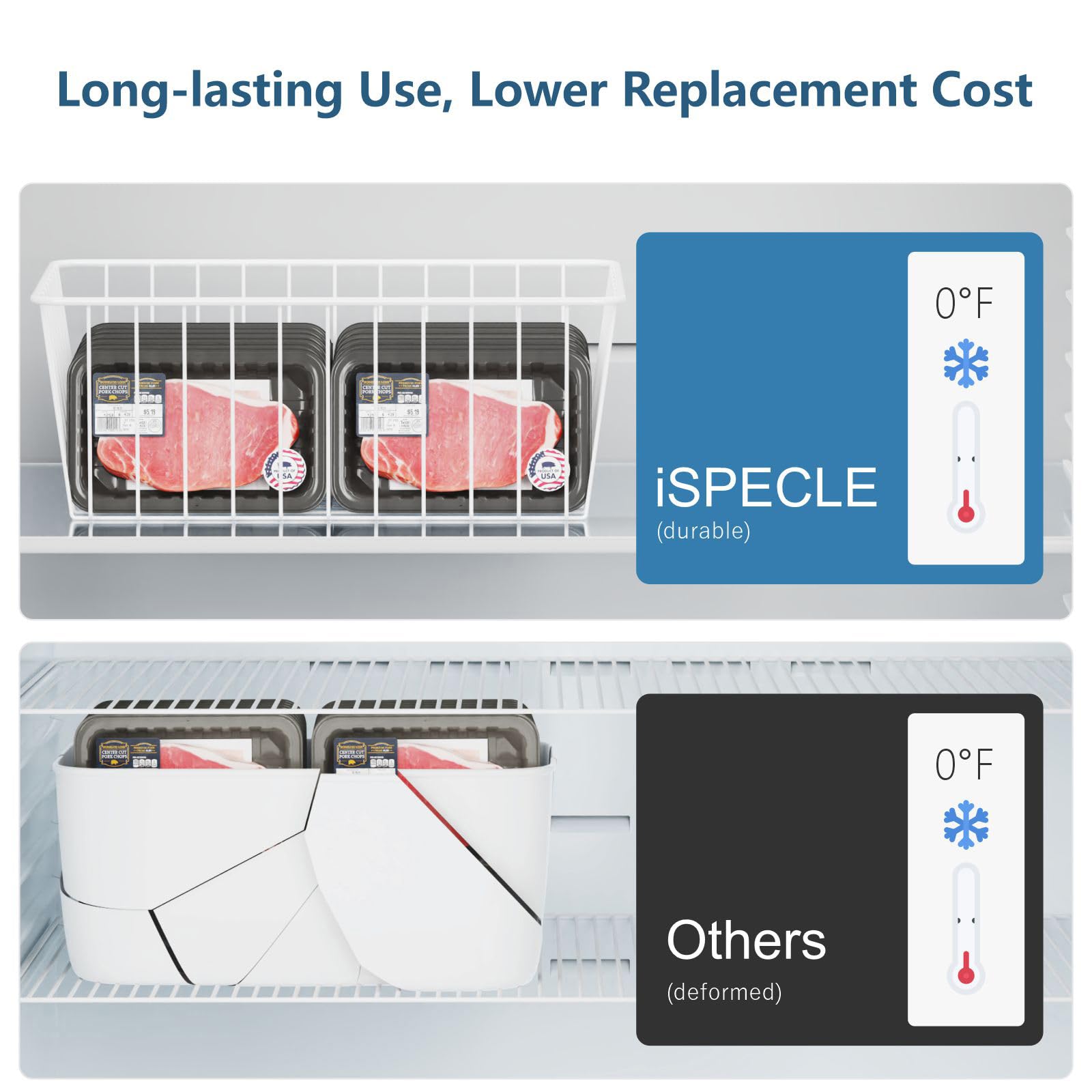 iSPECLE Freezer Organizer Bins - 4 Pack Medium Upright Freezer Baskets for 14 to 15.5 cu.ft Stand up Freezer, Easily Sort and Get Food, Air Circulation Stop Food Sliding out from Freezer, White