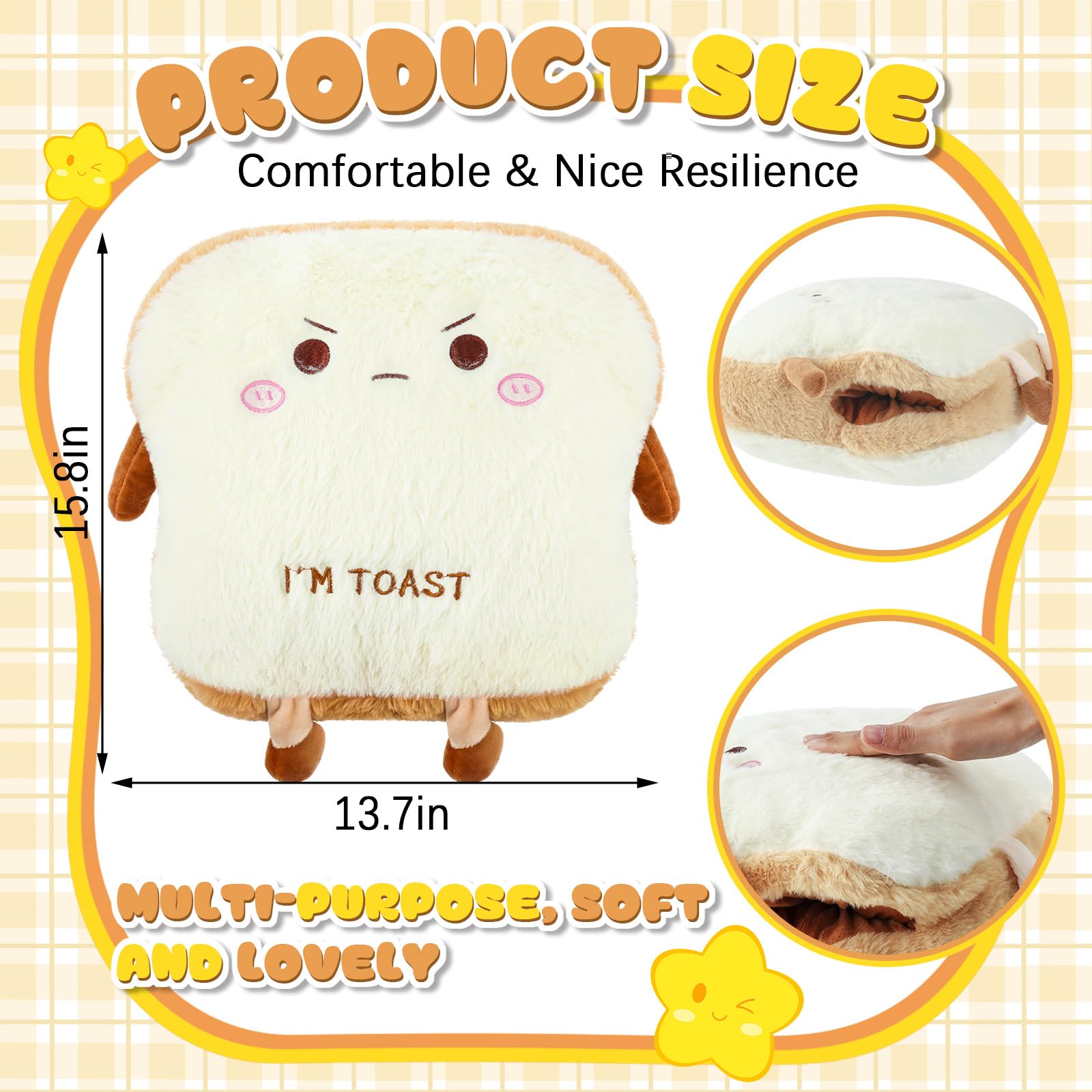 Lineshading 2 Pcs Toast Bread Pillow 15.8 x 13.8 x 6 Inch Bread Shape Plush Pillow Cute Food Decor Soft Food Sofa Cushion Toast Sliced Plush Stuffed Toy for Home Bed Room Decor, Happy and Angry Face