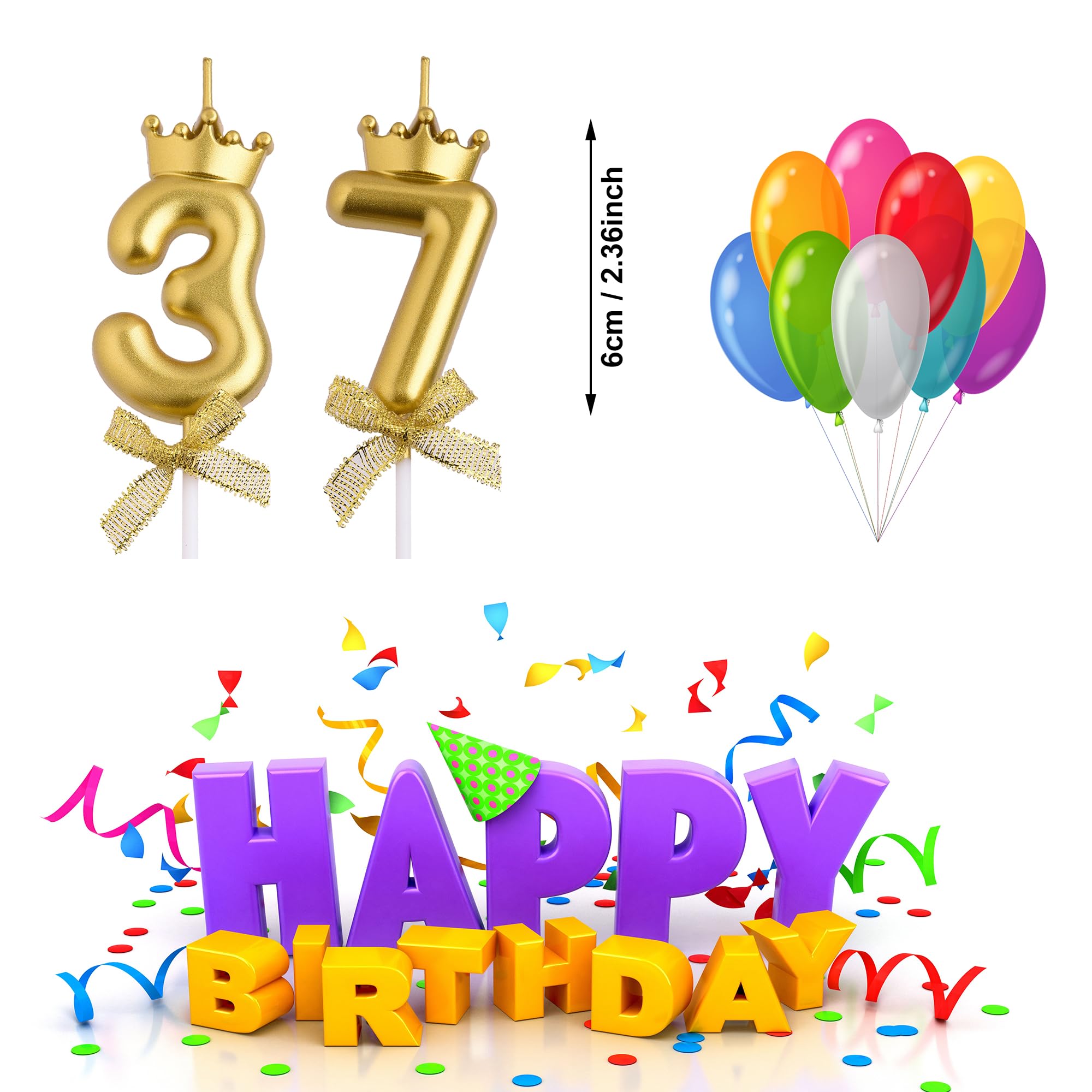 VSHILI 37th 73rd Birthday Candles, Gold 73 37 Year Old Number Birthday Candles, Happy Birthday Party Cake Topper Decoration Gifts for Women Men