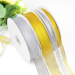 Isaspire 3/8" Width x 50 Yards Metallic Glitter Ribbon with Spool, Silver Glitter Ribbon Perfect for Gift Wrapping, Festival Decoration, Wedding, Christmas, DIY Craft Projects