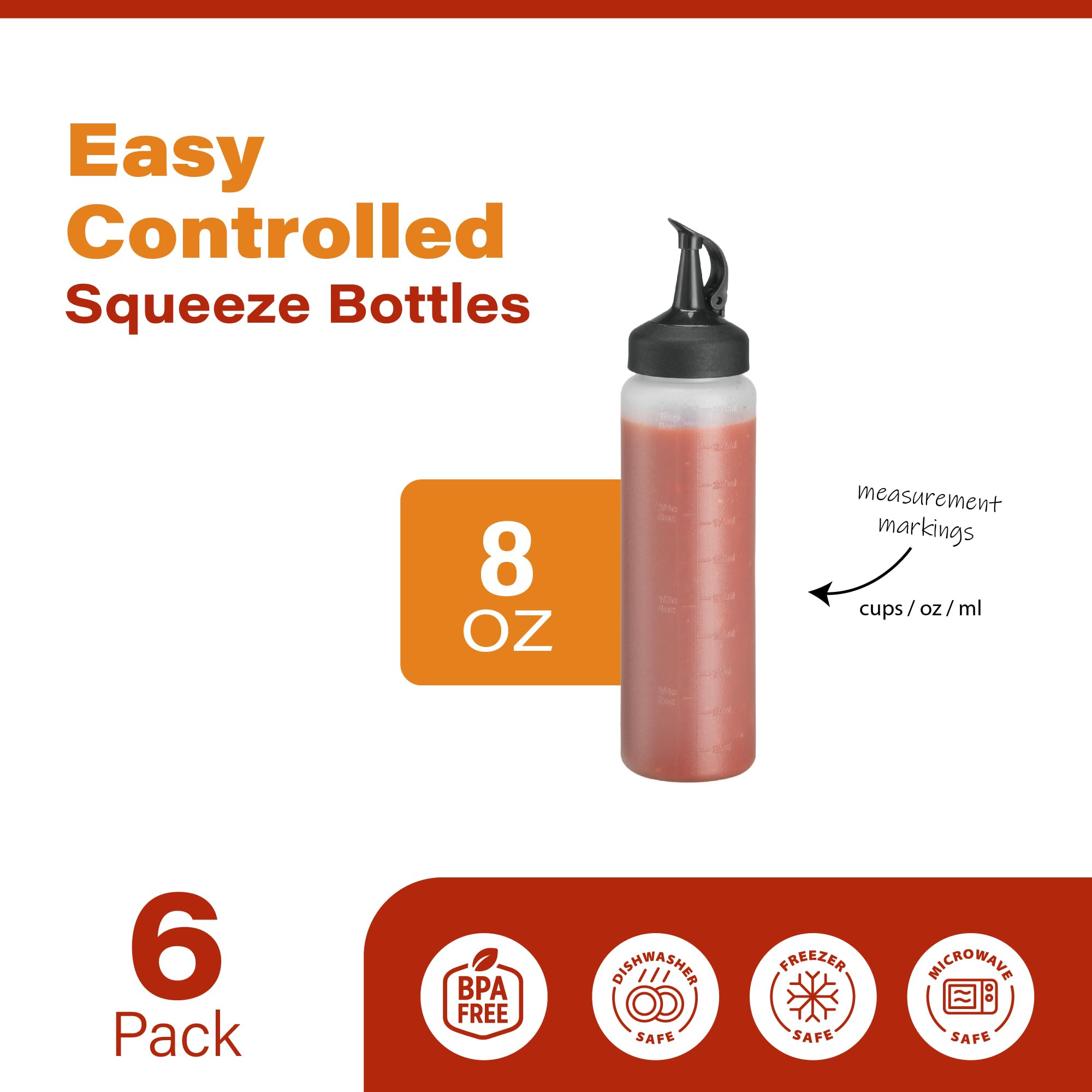 6 Pack Condiment Squeeze Bottles for Sauces - 8 Oz Squirt Bottles for Liquids, Easy Pour Sauce Bottles with Leak Proof Snap Cap, Condiment Bottles, Plastic Squeeze Bottles for Liquids, Ketchup, Oil