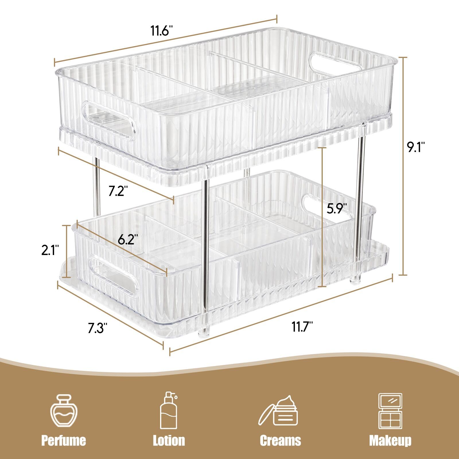 Flytreal 2 Tier Vanity Makeup Perfume Organizer Tray, Bathroom Counter Organizers and Storage, Clear Skincare Cosmetic Holder, Multi-Purpose Under Kitchen Sink Medicine Cabinet Pull Out Organizer