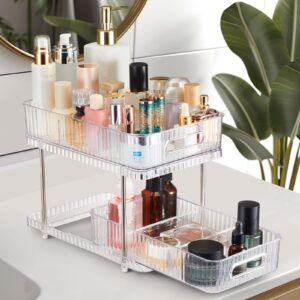 flytreal 2 tier vanity makeup perfume organizer tray, bathroom counter organizers and storage, clear skincare cosmetic holder, multi-purpose under kitchen sink medicine cabinet pull out organizer