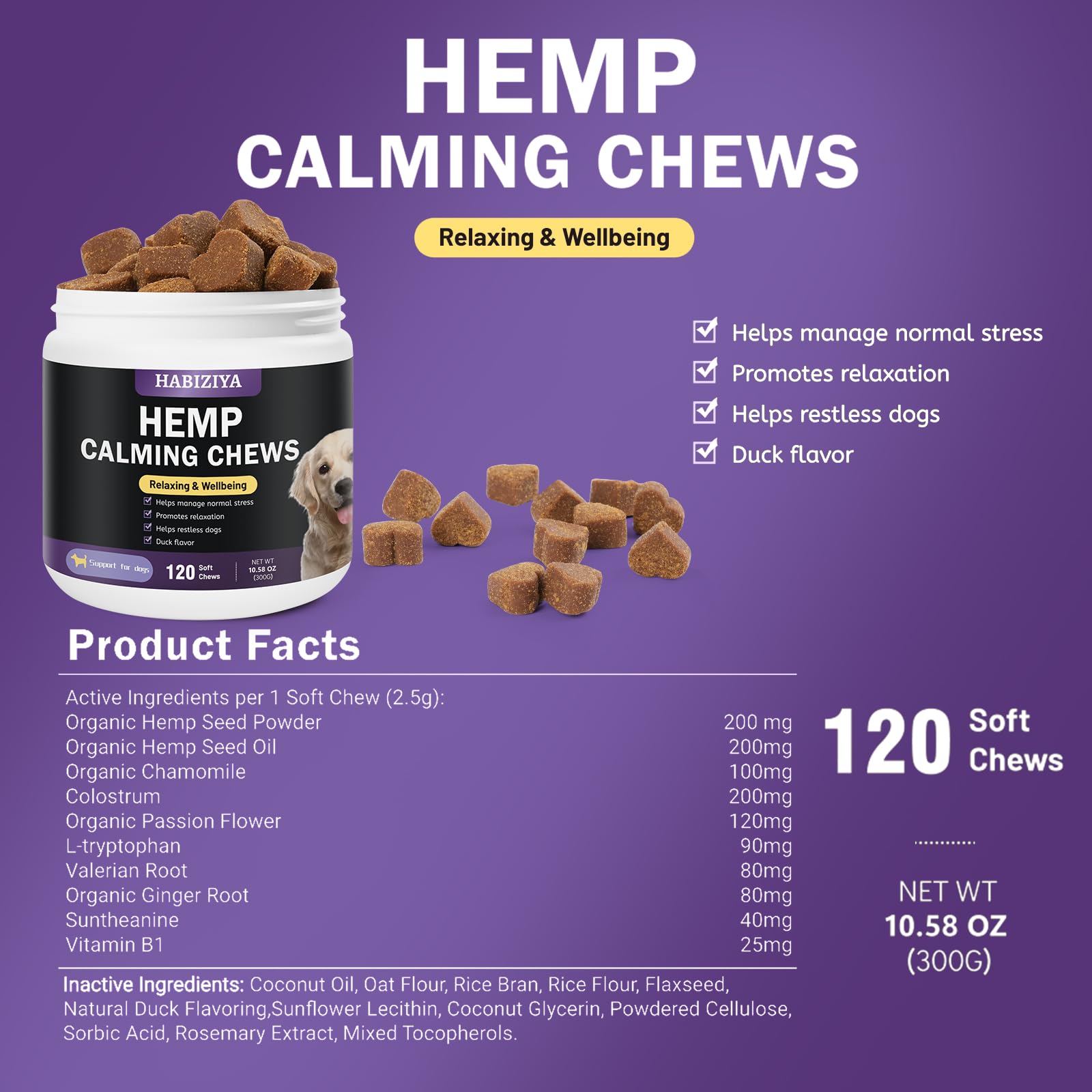 HABIZIYA Hemp Calming Chews for Dogs Dog Calming Treats Anxiety Relief Calming Dog Treats, Aid with Separation, Barking, Stress Relief, Thunderstorms Duck Flavor 120 Counts