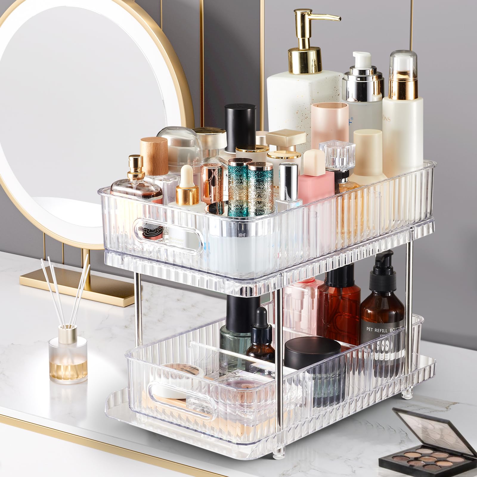 Flytreal 2 Tier Vanity Makeup Perfume Organizer Tray, Bathroom Counter Organizers and Storage, Clear Skincare Cosmetic Holder, Multi-Purpose Under Kitchen Sink Medicine Cabinet Pull Out Organizer