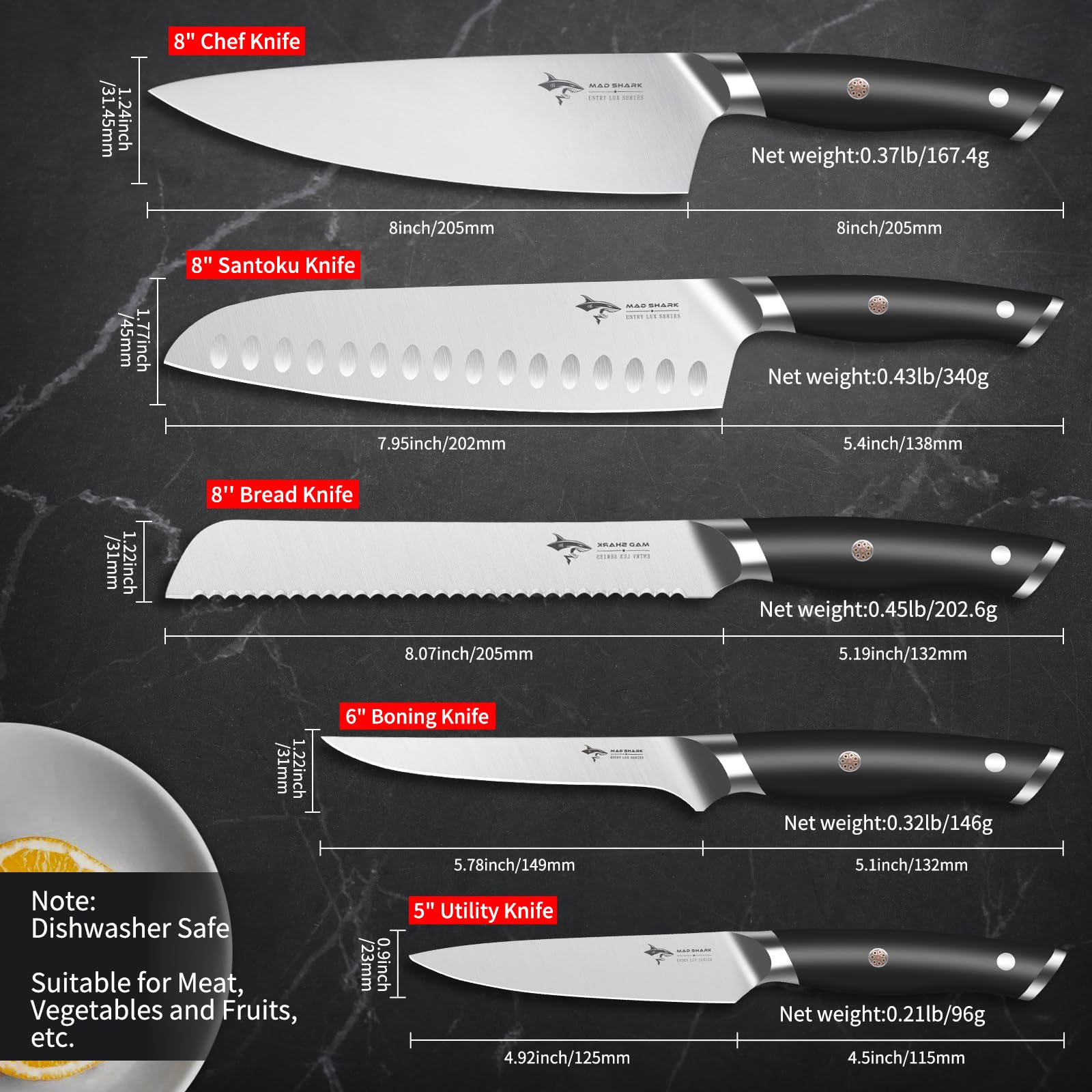 MAD SHARK Knife Set, Professional 5 Piece Kitchen Chef Knife Set, German High Carbon Stainless Steel Ultra Sharp Knives Sets, Ergonomic Handle 2.0 Home Cooking Perfect Cutlery Set Gift