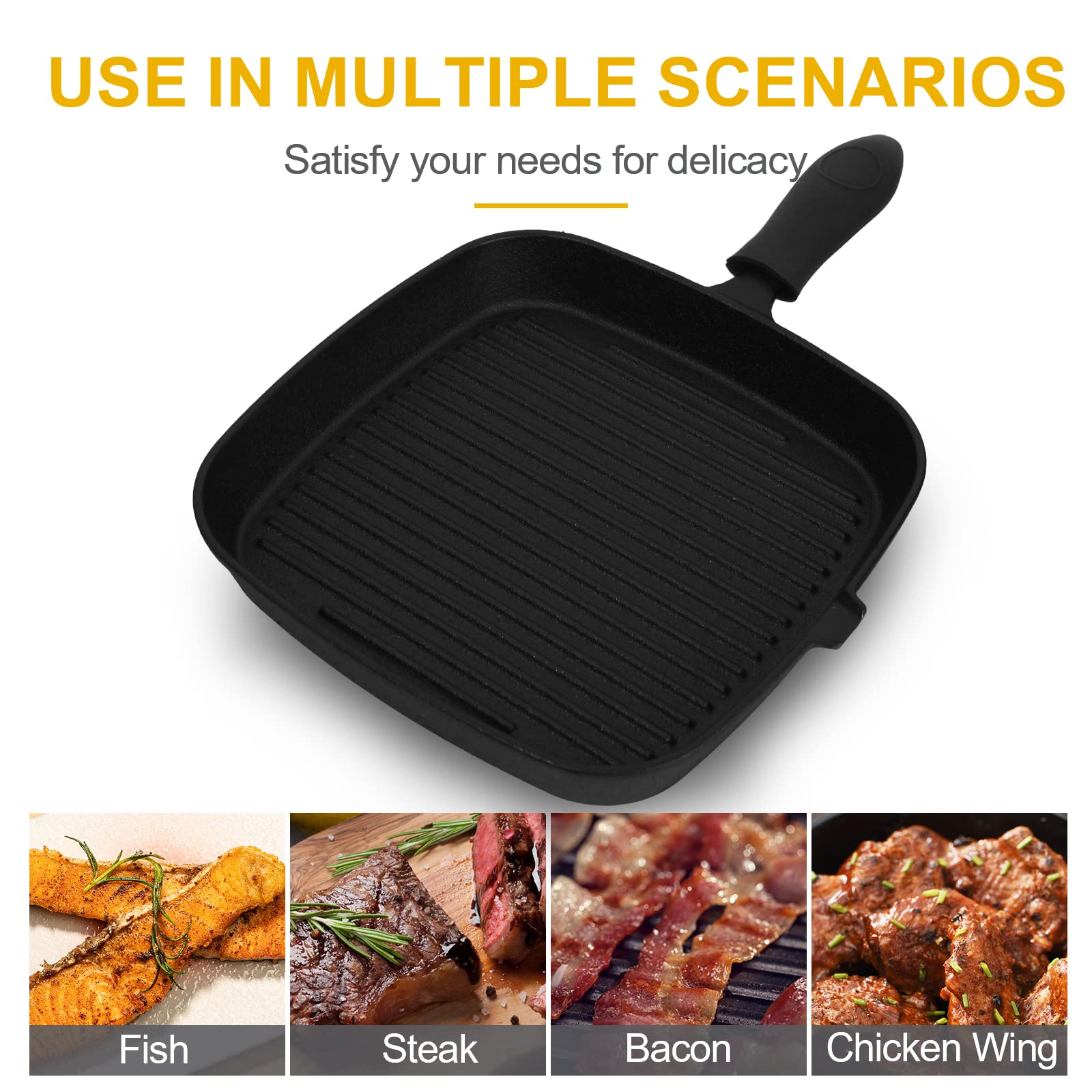 rincentd Square Cast Iron Grill Pan, with Silicone Handles+Pan Scraper Tool, Stove Top Grill Pan Perfect for Meats Steak Fish and Vegetables, 10 Inch Steak Pan -Black