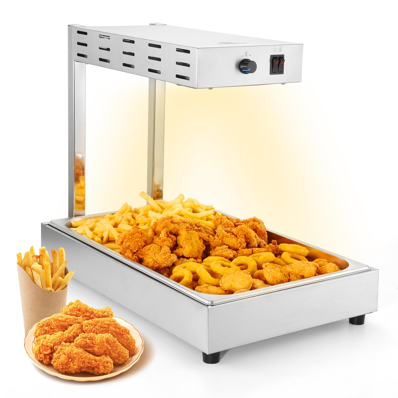 Dyna-Living French Fry Warmer Commercial Food Heat Lamp Electric Food Warmer with Free-Standing Warming Light Dump Station Countertop Fries Food Warmer for Parties Kitchen Restaurant Buffe,500W