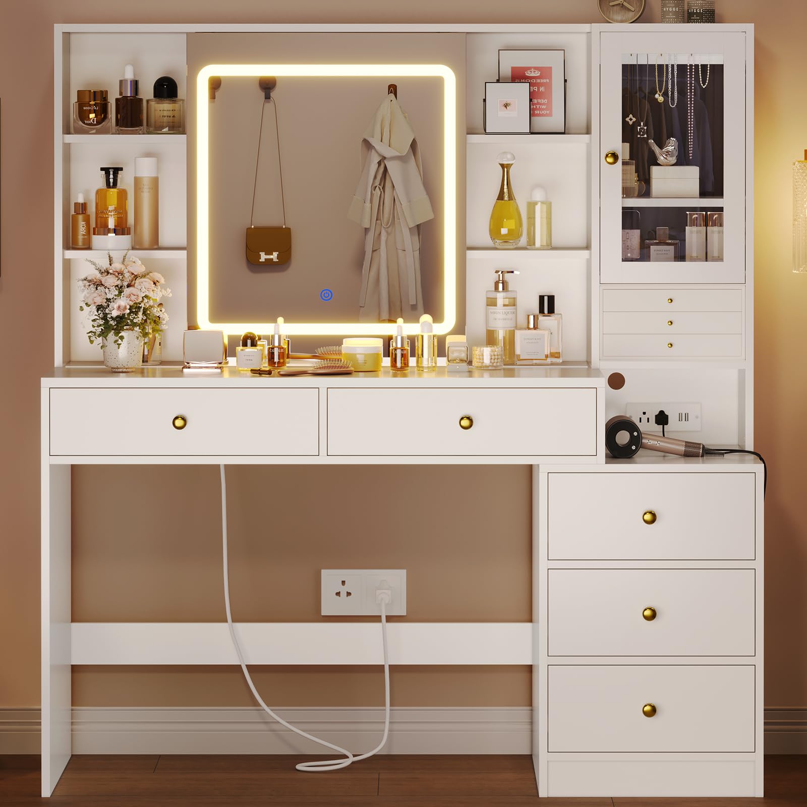 HAUOMS Makeup Vanity with Lights & Sliding Mirror, Vanity Desk with Jewelry Organizer, Glass Cabinet & 5 Drawers, Dressing Table, Modern White