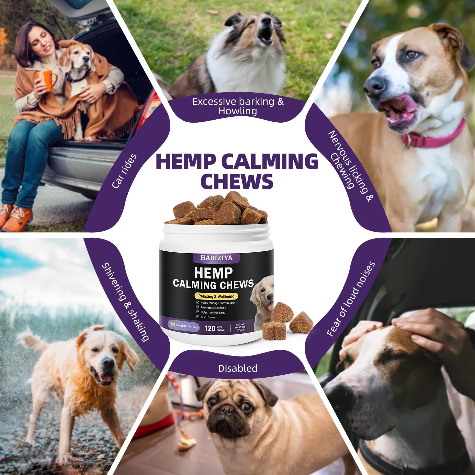 HABIZIYA Hemp Calming Chews for Dogs Dog Calming Treats Anxiety Relief Calming Dog Treats, Aid with Separation, Barking, Stress Relief, Thunderstorms Duck Flavor 120 Counts