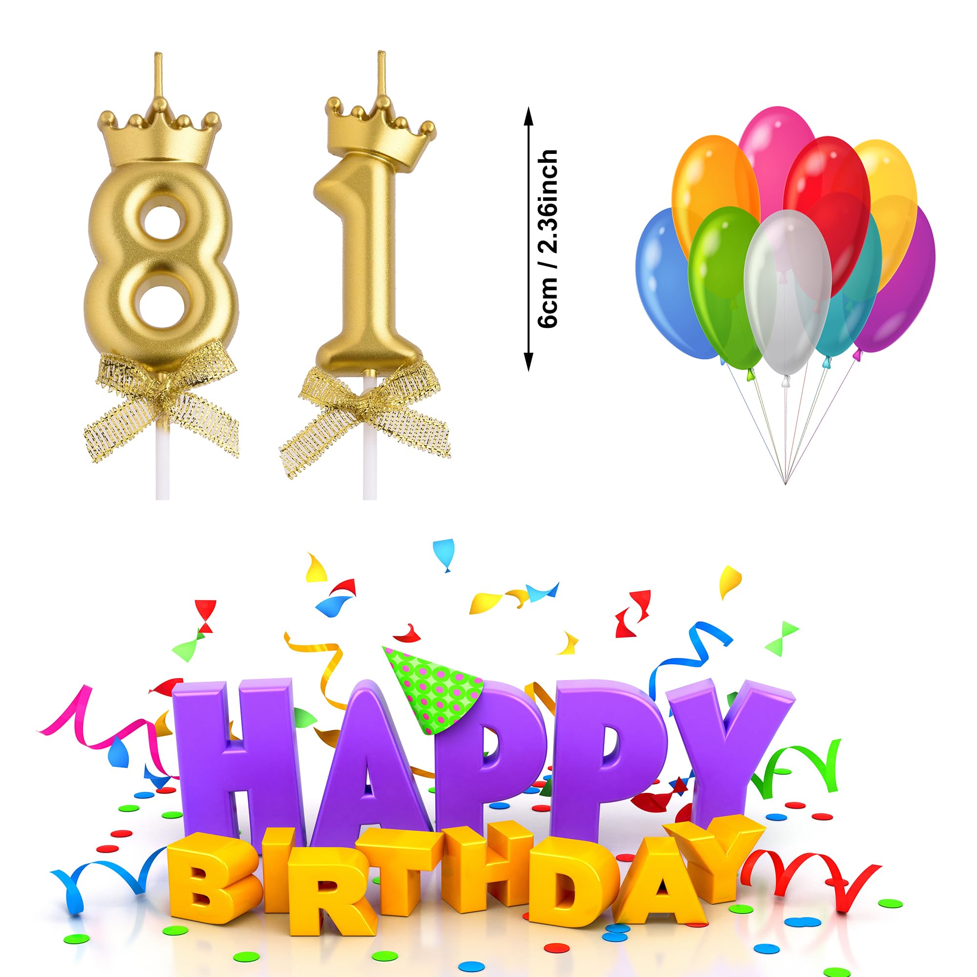 VSHILI 81st Birthday Candles, Gold 81 Year Old Number Birthday Candles, Happy Birthday Party Cake Topper Decoration Gifts for Women Men