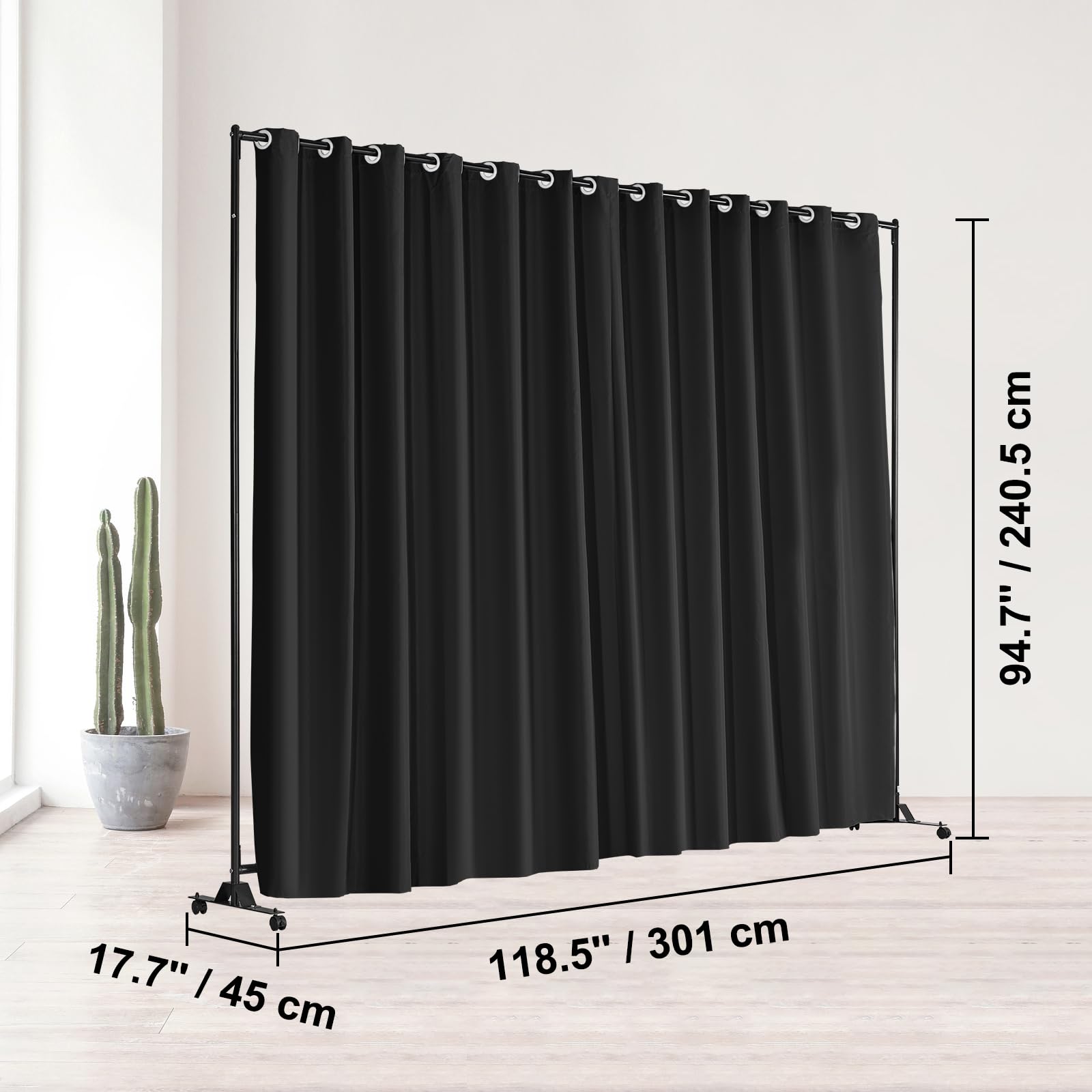 VEVOR Room Divider, 8 ft x 10 ft Portable Panel Room Divider with Wheels Curtain Divider Stand, Room Divider Privacy Screen for Office, Bedroom, Dining Room, Study, Black