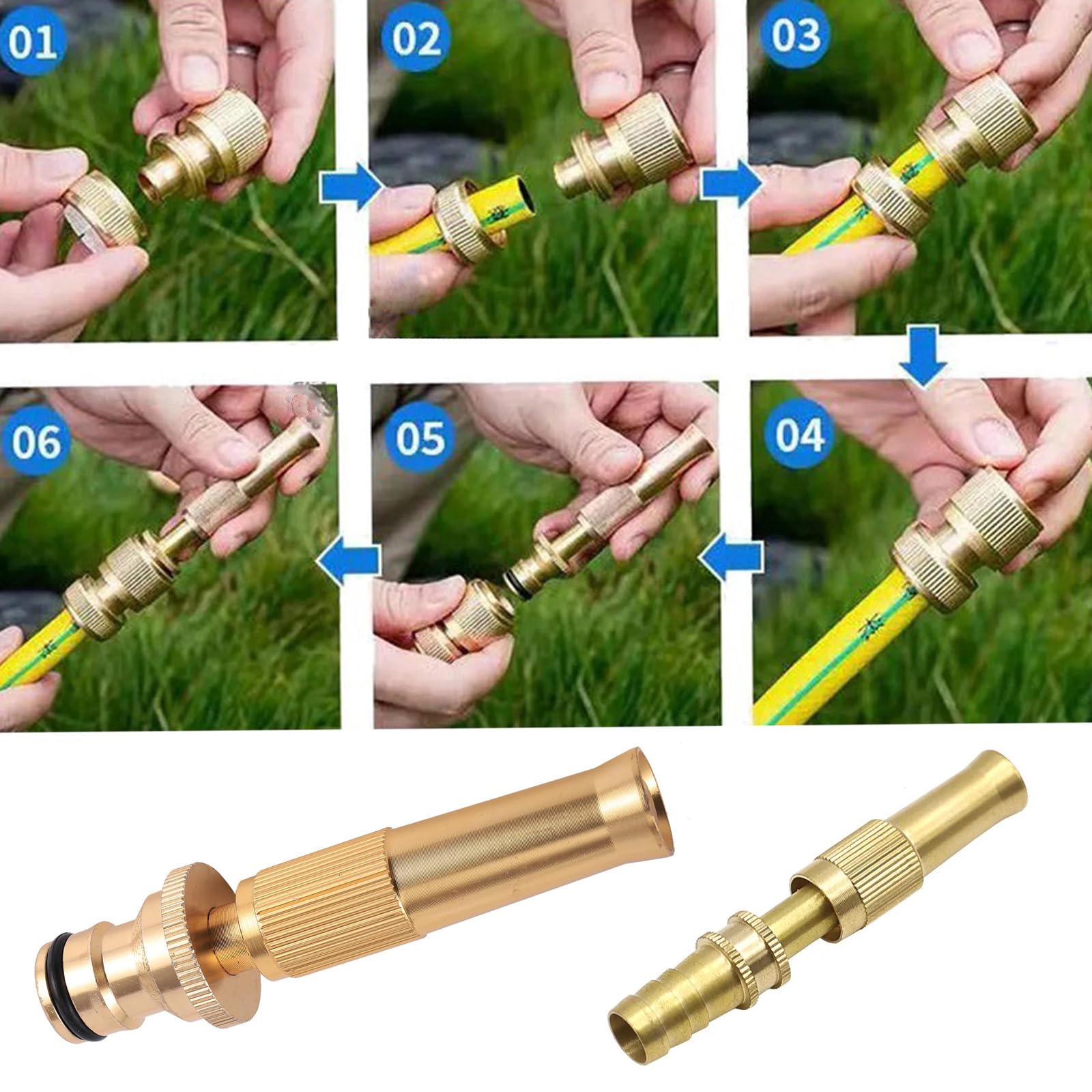 RecDec 2 Pack High Pressure Hose Nozzle Brass Adjustable Twist Spray Sprinkler Heavy Duty Quick Connect Jet Sweeper Spout for Water Gun Tap Spigot Garden Hose Connector Fittings Pipe