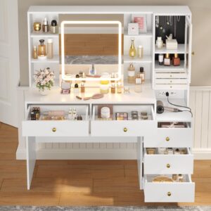 HAUOMS Makeup Vanity with Lights & Sliding Mirror, Vanity Desk with Jewelry Organizer, Glass Cabinet & 5 Drawers, Dressing Table, Modern White