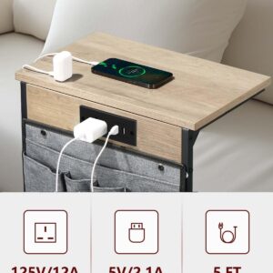 Evermagin C Shaped End Table with Charging Station, Small Side Table for Recliner, Over Couch Table with Outlet and Storage Bag, Slide Under Sofa Tray Table for Living Room, Bedroom, Greige