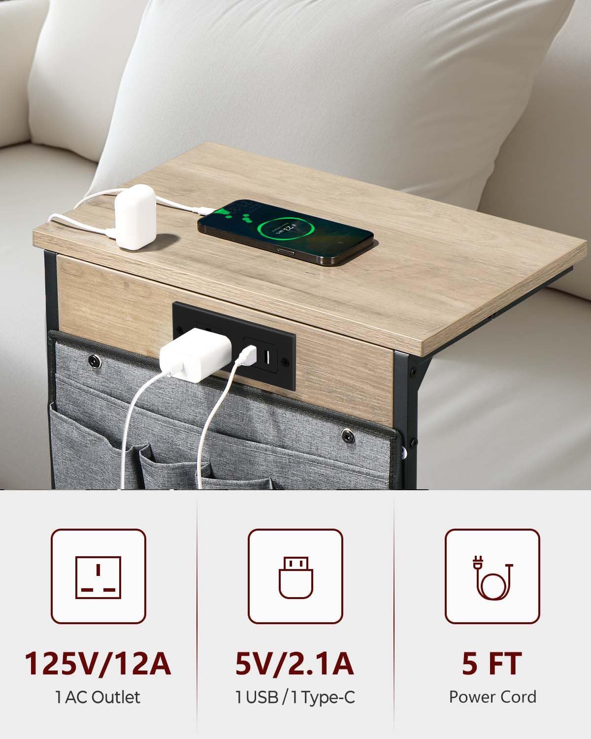 Evermagin C Shaped End Table with Charging Station, Small Side Table for Recliner, Over Couch Table with Outlet and Storage Bag, Slide Under Sofa Tray Table for Living Room, Bedroom, Greige