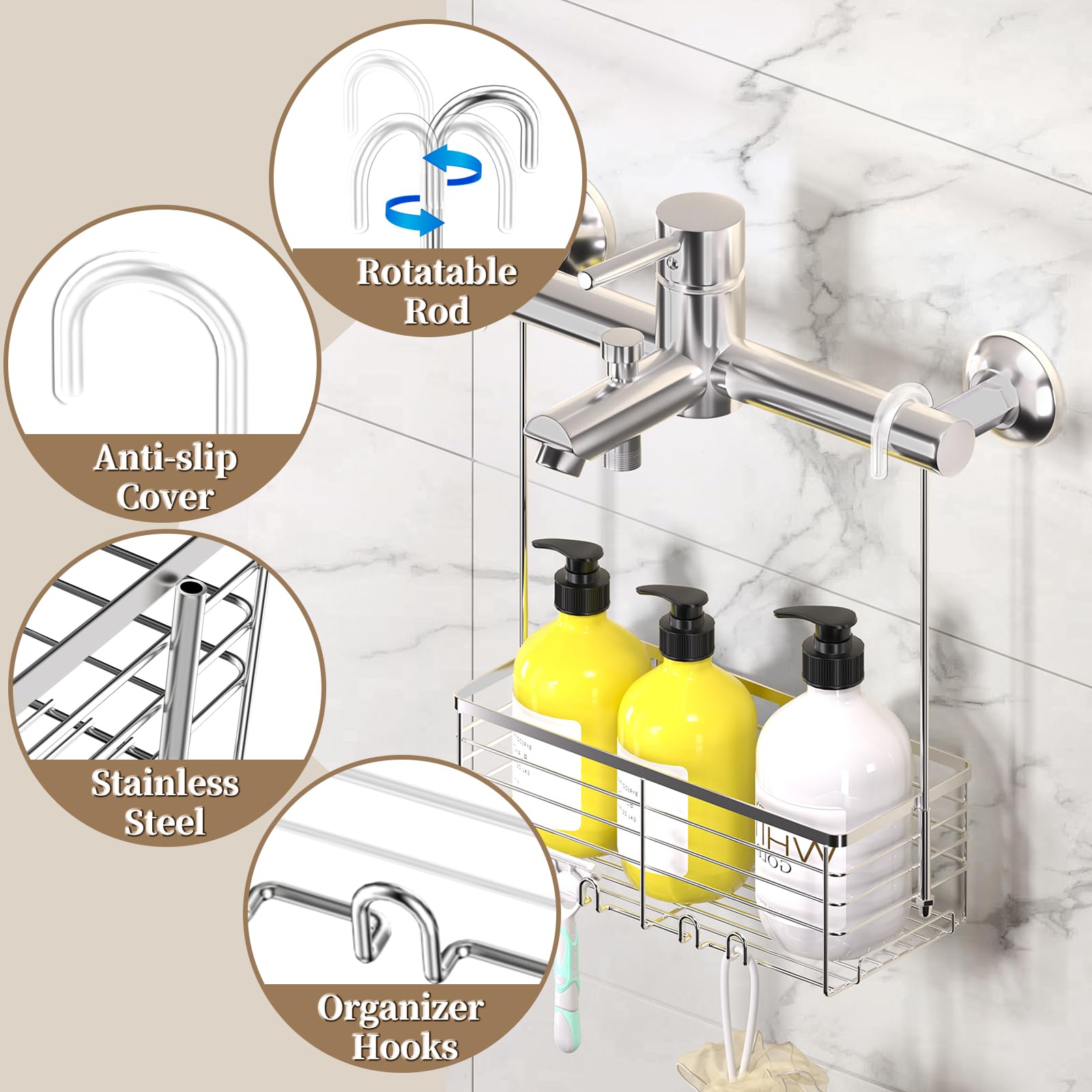 DELLAN Hanging Shower Organizer, Shower Rack with Hooks Over the Door, Bathroom Shower Caddy and Basket