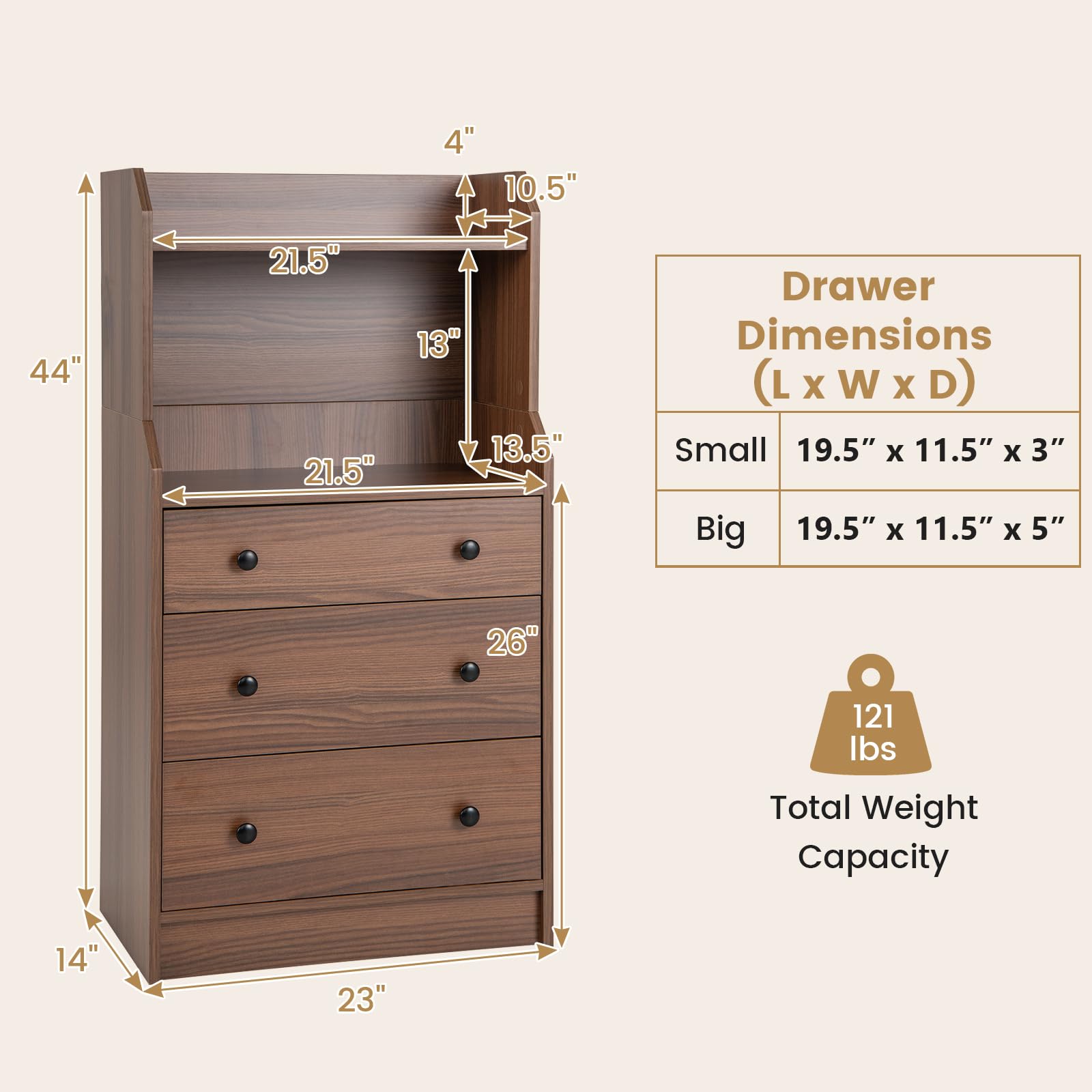 Giantex 3 Drawers Dresser for Bedroom - Modern Storage Dresser Chest of Drawers with 2 Shelves, 3 Pull-Out Drawers, Tall Nightstand with Anti-toppling Device for Bedroom Living Room Entryway (Walnut)