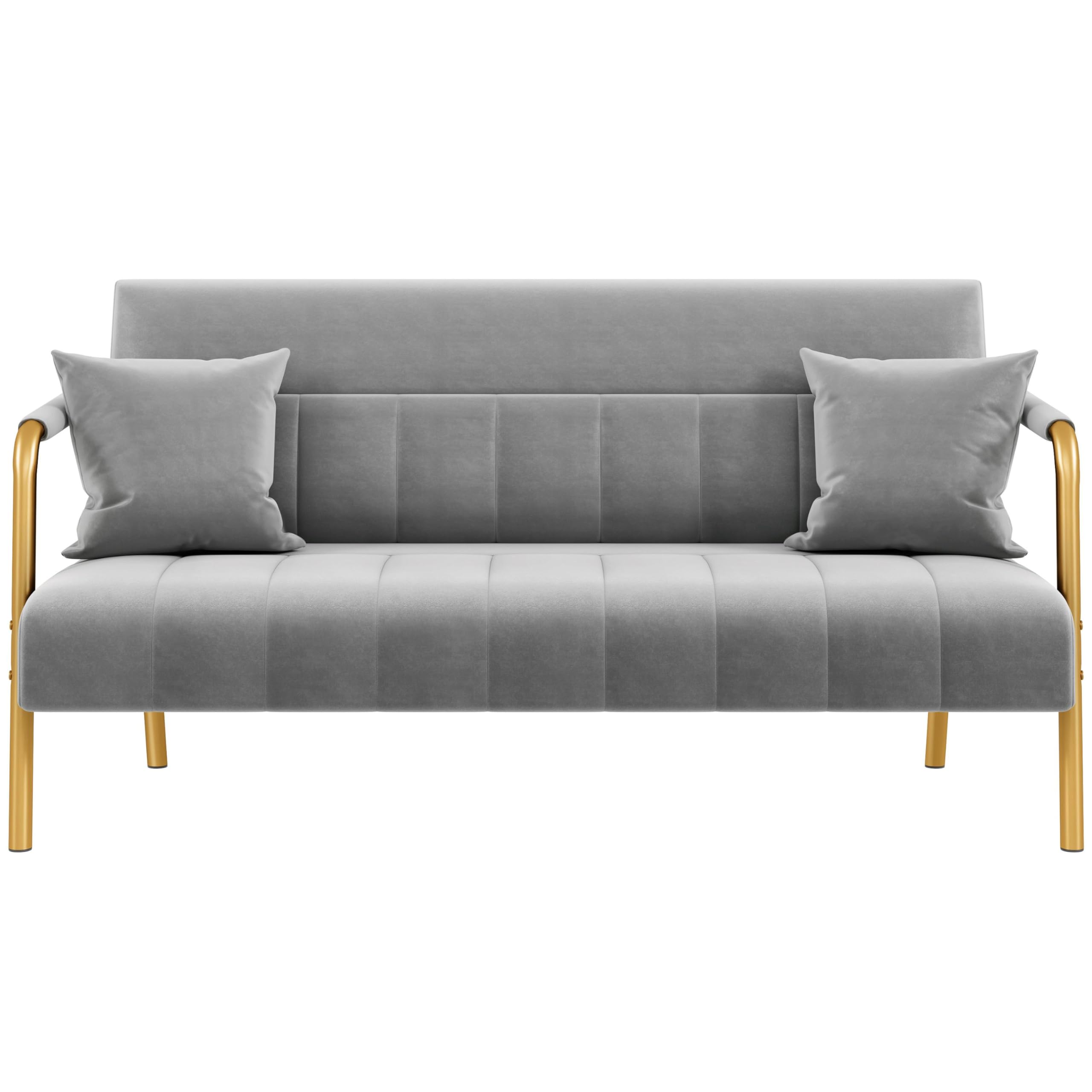 Yaheetech 56.5" W Modern Loveseat 2 Seater Sofa Luxurious Velvet Fabric Couch with Gold-Tone Metal Arms and Legs for Living Room, Home Office, Studio Light Gray