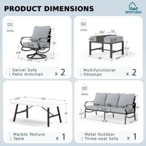 MFSTUDIO 6 Pieces Patio Conversation Sets(7 Seat),Outdoor Metal Furniture Sofas with 1 x 3-Seat Sofa,2 Swivel Chairs,2 Ottoman and & 1 Coffee Table,Wrought Iron Frame with Grey Cushion