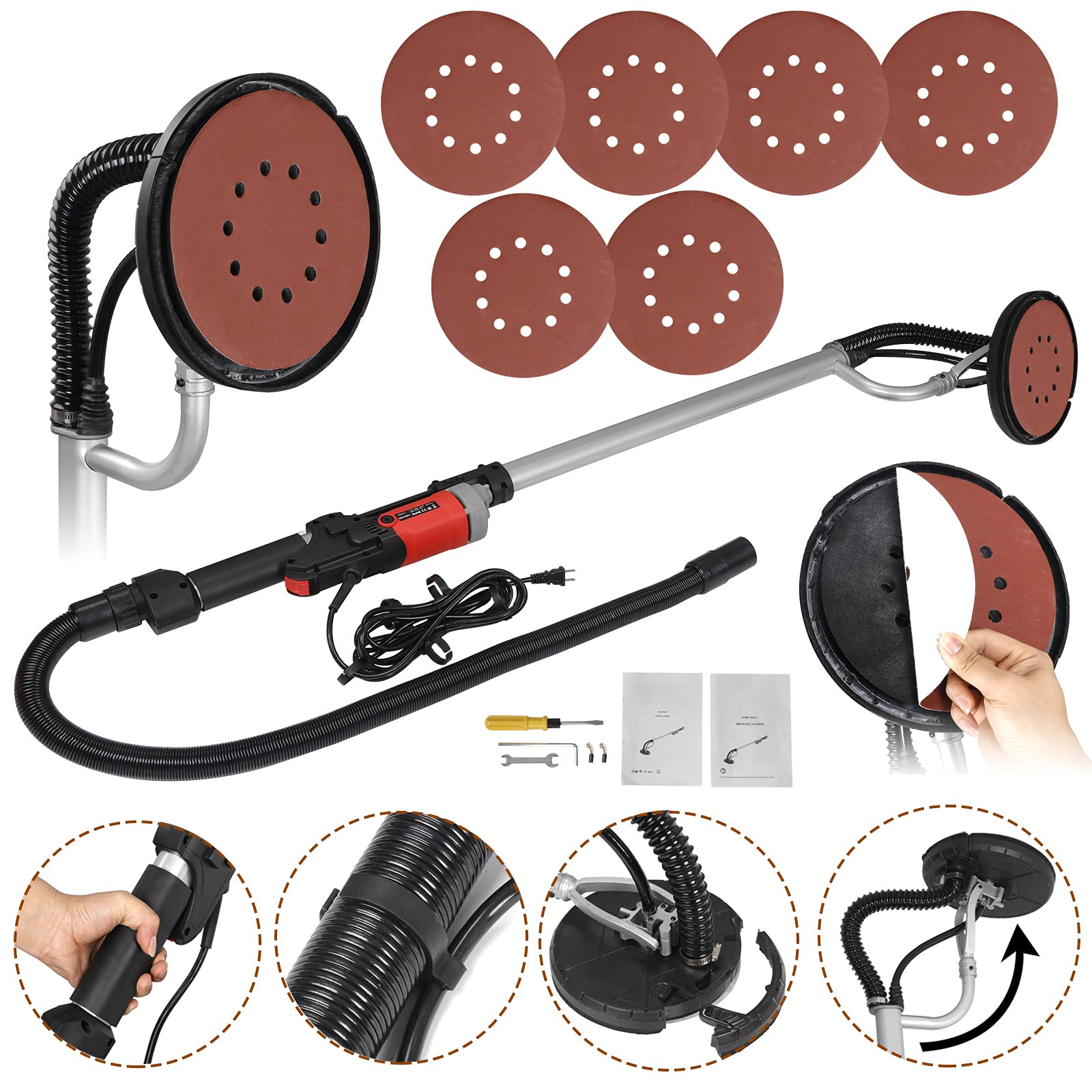 Saicool 800W Electric Drywall Sander, Commercial 6 Adjustable Variable Speed(1000-2000RPM) Disc Sander w/6 Sanding Pads,Foldable & Extendable Handle