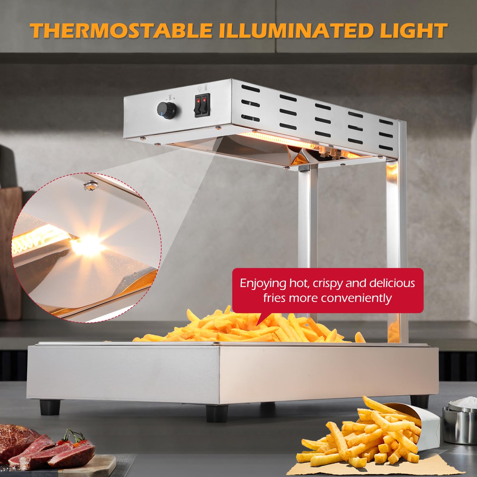 Dyna-Living French Fry Warmer Commercial Food Heat Lamp Electric Food Warmer with Free-Standing Warming Light Dump Station Countertop Fries Food Warmer for Parties Kitchen Restaurant Buffe,500W