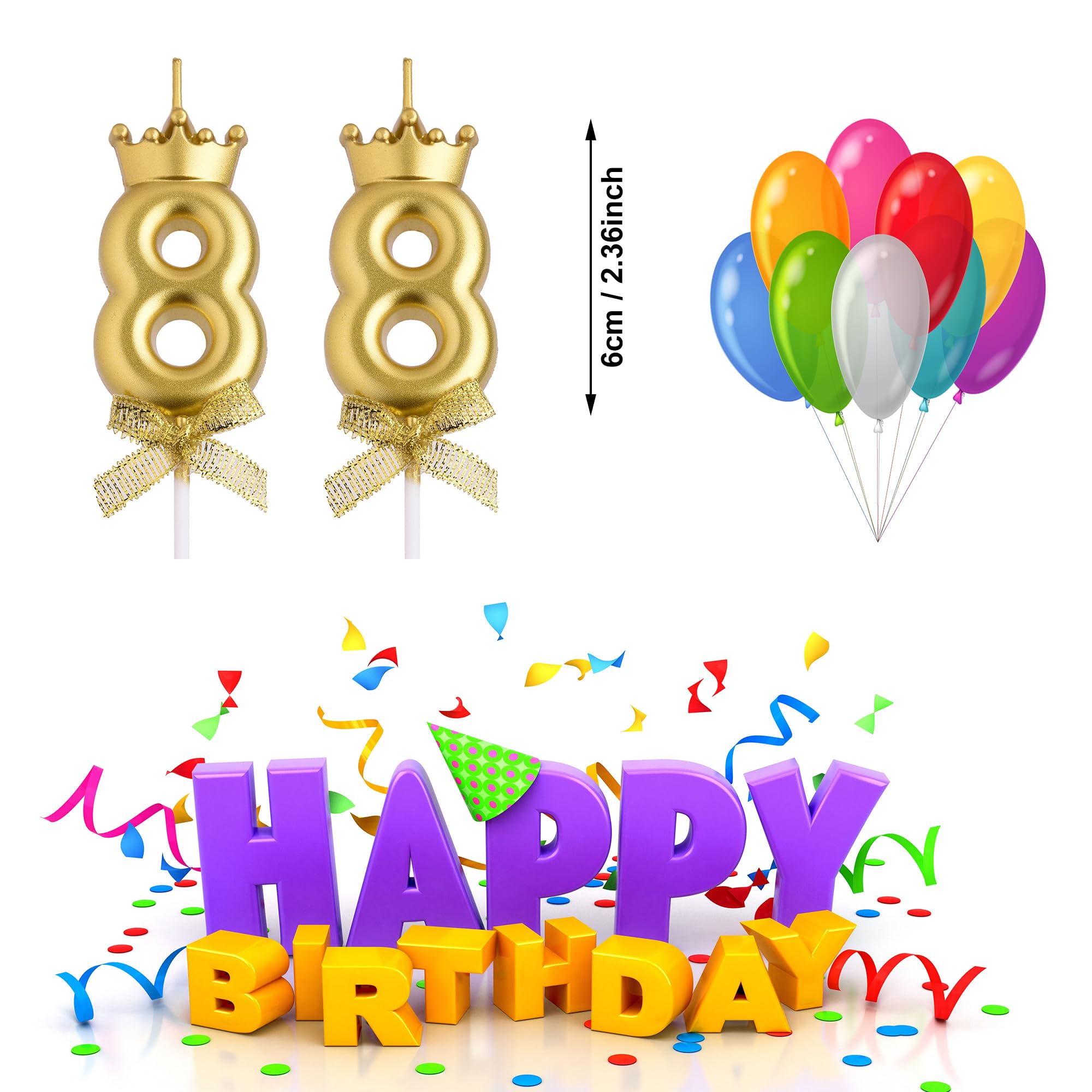 VSHILI 88th Birthday Candles, Gold 88 Year Old Number Birthday Candles, Happy Birthday Party Cake Topper Decoration Gifts for Women Men