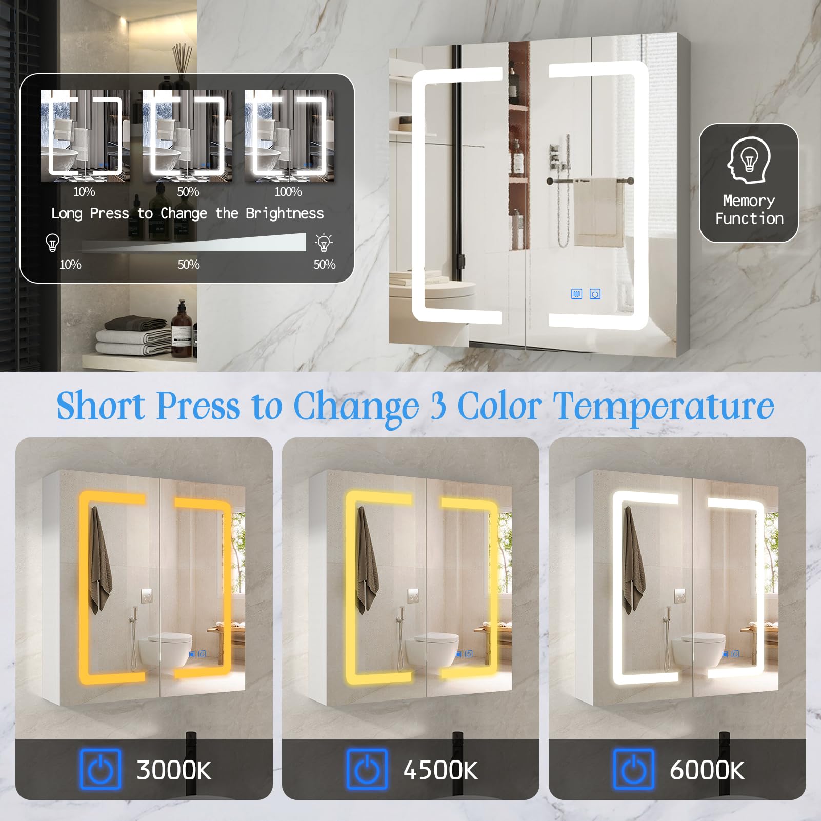 LALAHOO Bathroom Medicine Cabinet with Mirror, 23.6” x 24.5” Medicine Cabinets with Lights, Medicine Cabinet Mirror, Lighted Medicine Cabinet,Defog,3-Color Temper Change,Shelf