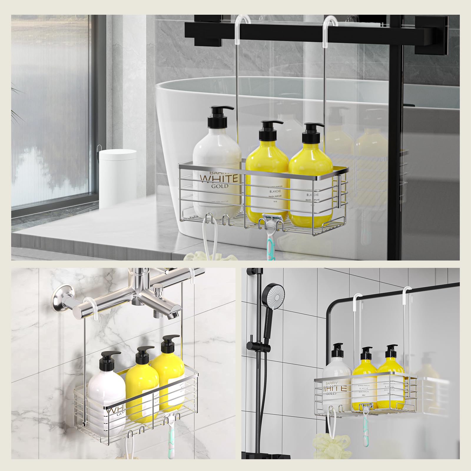 DELLAN Hanging Shower Organizer, Shower Rack with Hooks Over the Door, Bathroom Shower Caddy and Basket