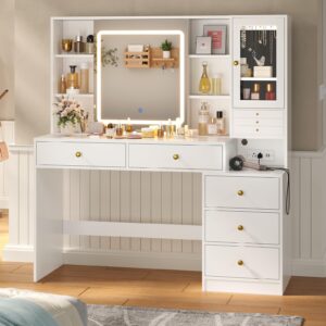 HAUOMS Makeup Vanity with Lights & Sliding Mirror, Vanity Desk with Jewelry Organizer, Glass Cabinet & 5 Drawers, Dressing Table, Modern White