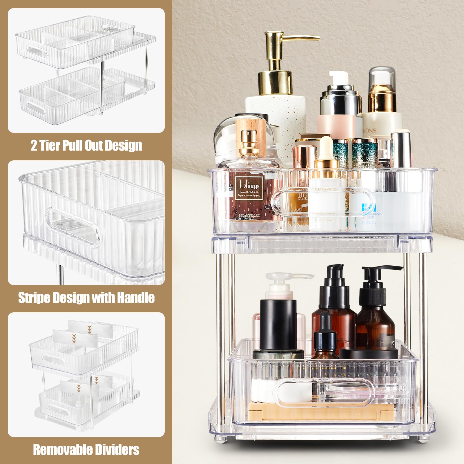 Flytreal 2 Tier Vanity Makeup Perfume Organizer Tray, Bathroom Counter Organizers and Storage, Clear Skincare Cosmetic Holder, Multi-Purpose Under Kitchen Sink Medicine Cabinet Pull Out Organizer