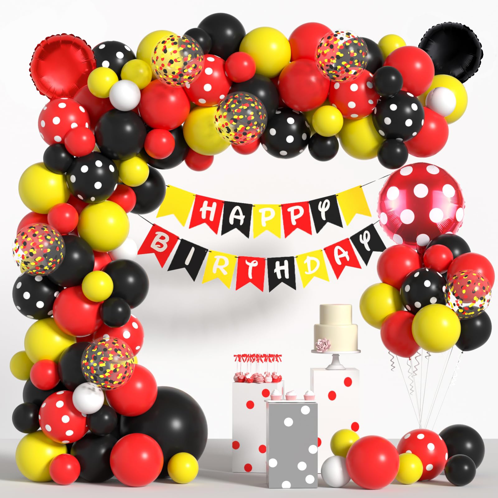 Cartoon Mouse Balloon Garland for Mouse Birthday Decorations - Mouse Balloons Arch with Confetti Polka Dots Balloons Red Black Yellow Balloon Arch Kit & Banners for Mouse Baby Shower Party Supplies