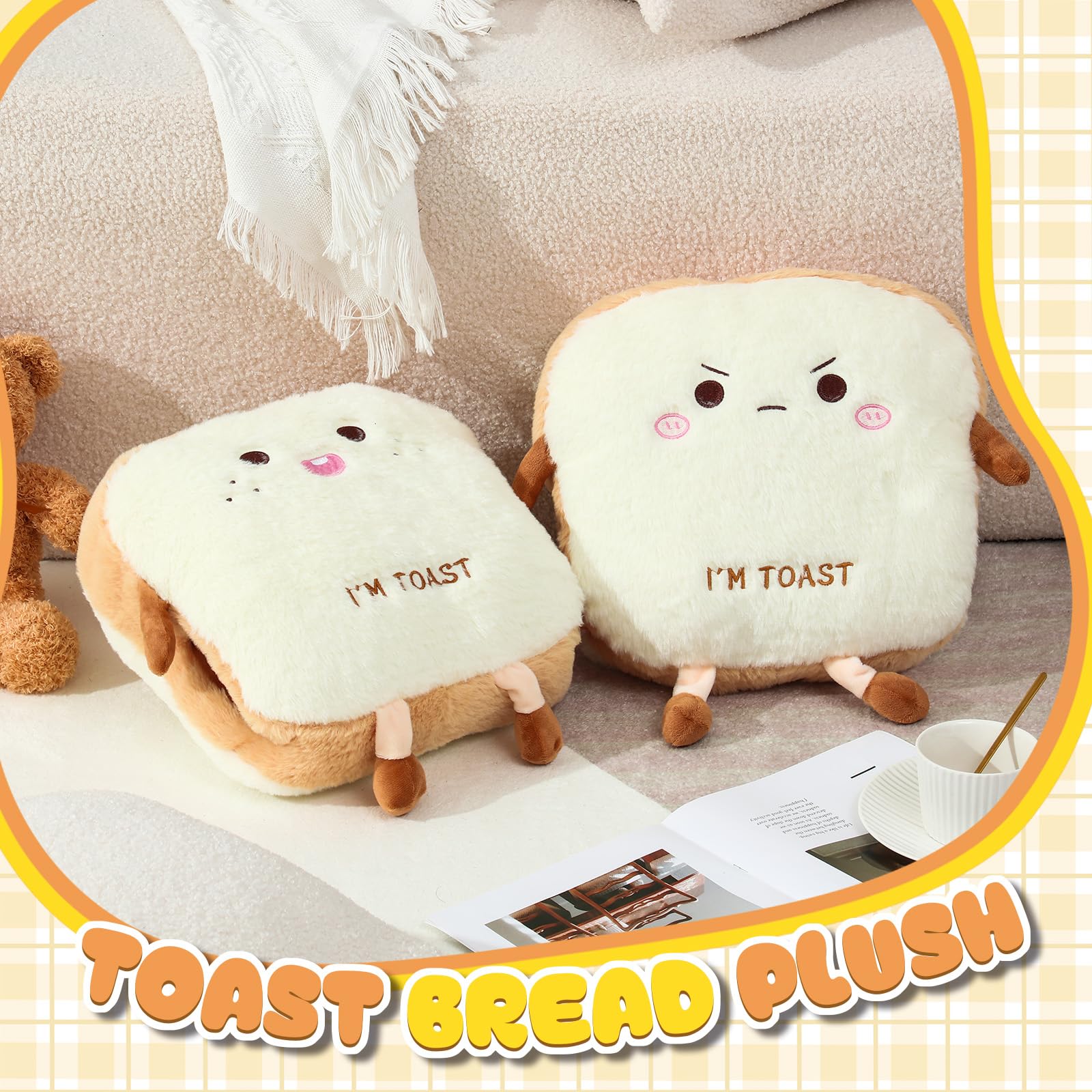 Lineshading 2 Pcs Toast Bread Pillow 15.8 x 13.8 x 6 Inch Bread Shape Plush Pillow Cute Food Decor Soft Food Sofa Cushion Toast Sliced Plush Stuffed Toy for Home Bed Room Decor, Happy and Angry Face