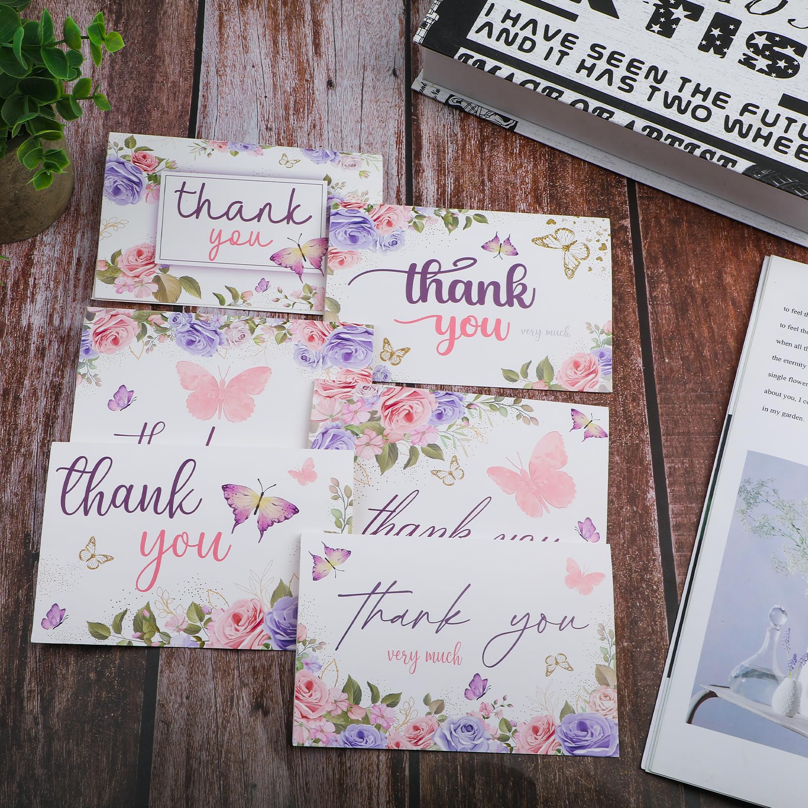 60 Pieces Butterfly Floral Baby Shower Thank You Cards,Purple Thank You Cards Includes 30 Pieces Envelopes and 30 Pieces Blank Butterfly Cards with Stickers for Wedding Baby Shower Graduation Bridal