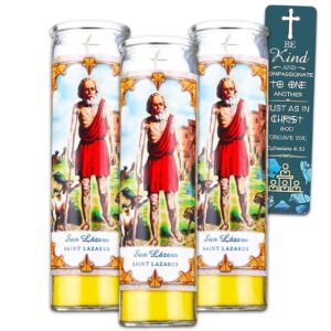 3 pack san lazarus 8 inch yellow religious candles - bundle with 3 saint lazarus candles for vigils, prayers, blessing ceremonies, and more plus bookmark | saint lazarus devotional candles